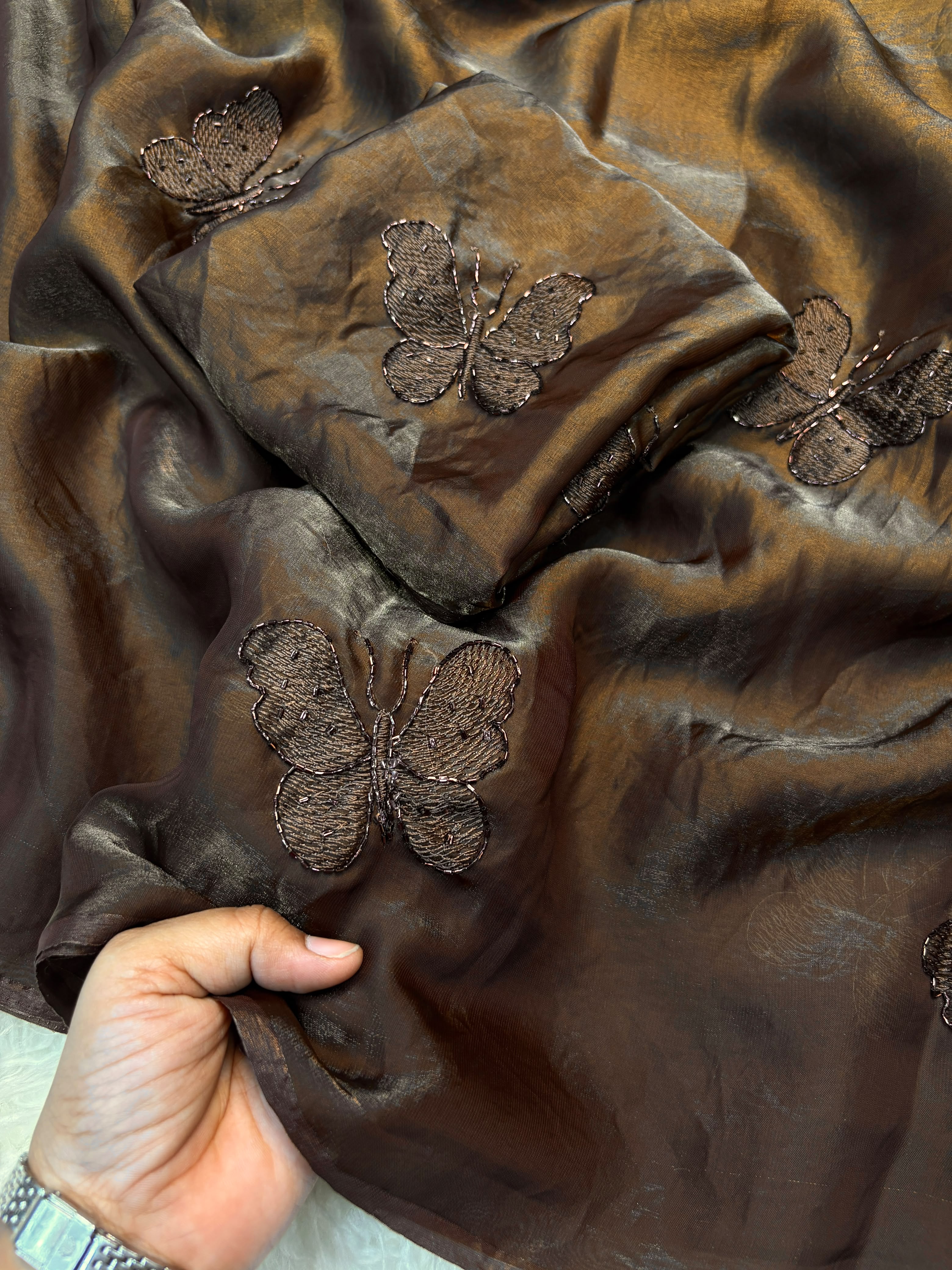 Two tone Fendy Satin with Beautiful Handwork Beads Butterfly Design