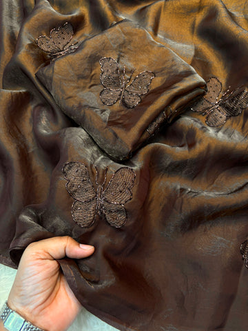 Two tone Fendy Satin with Beautiful Handwork Beads Butterfly Design