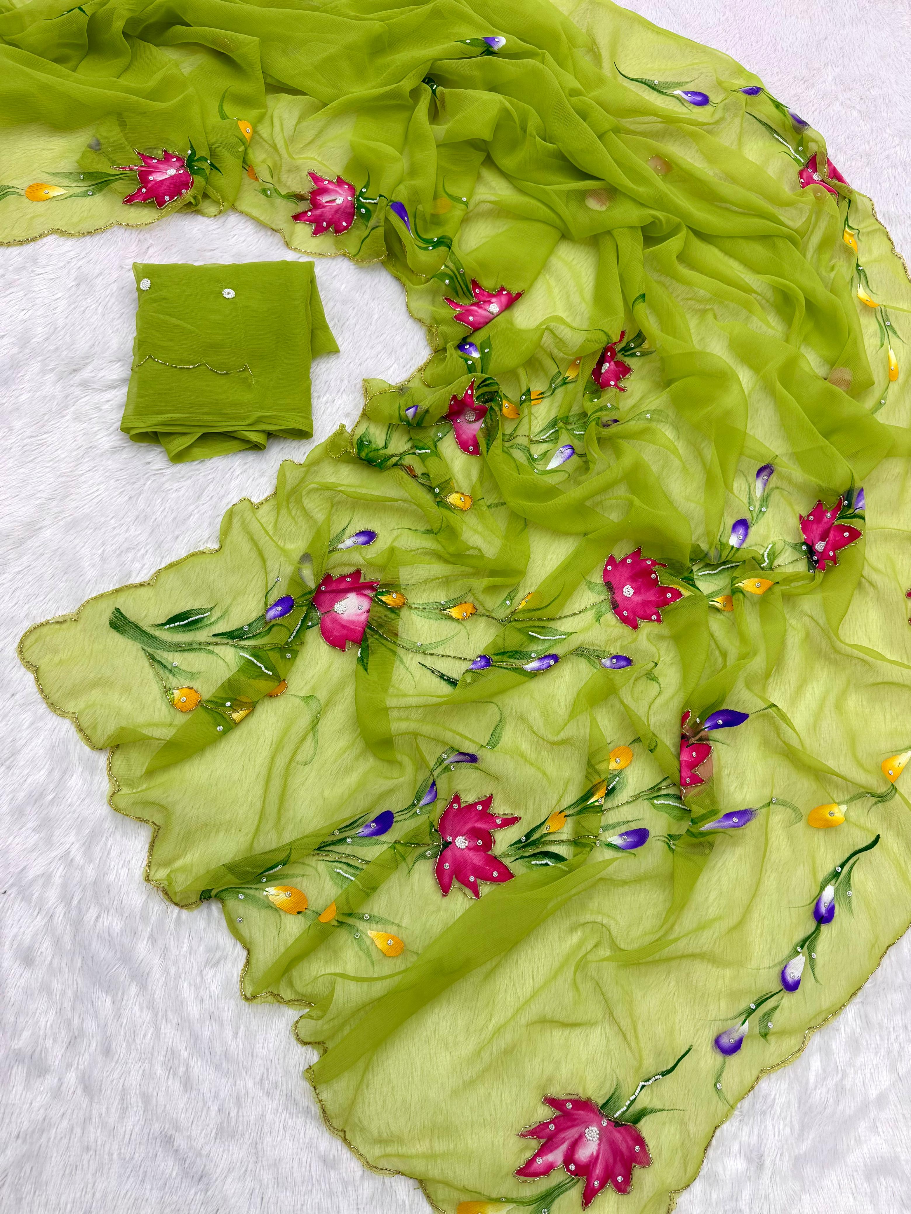 Soft Pure Chiffon Handwork Light Weight Sarees