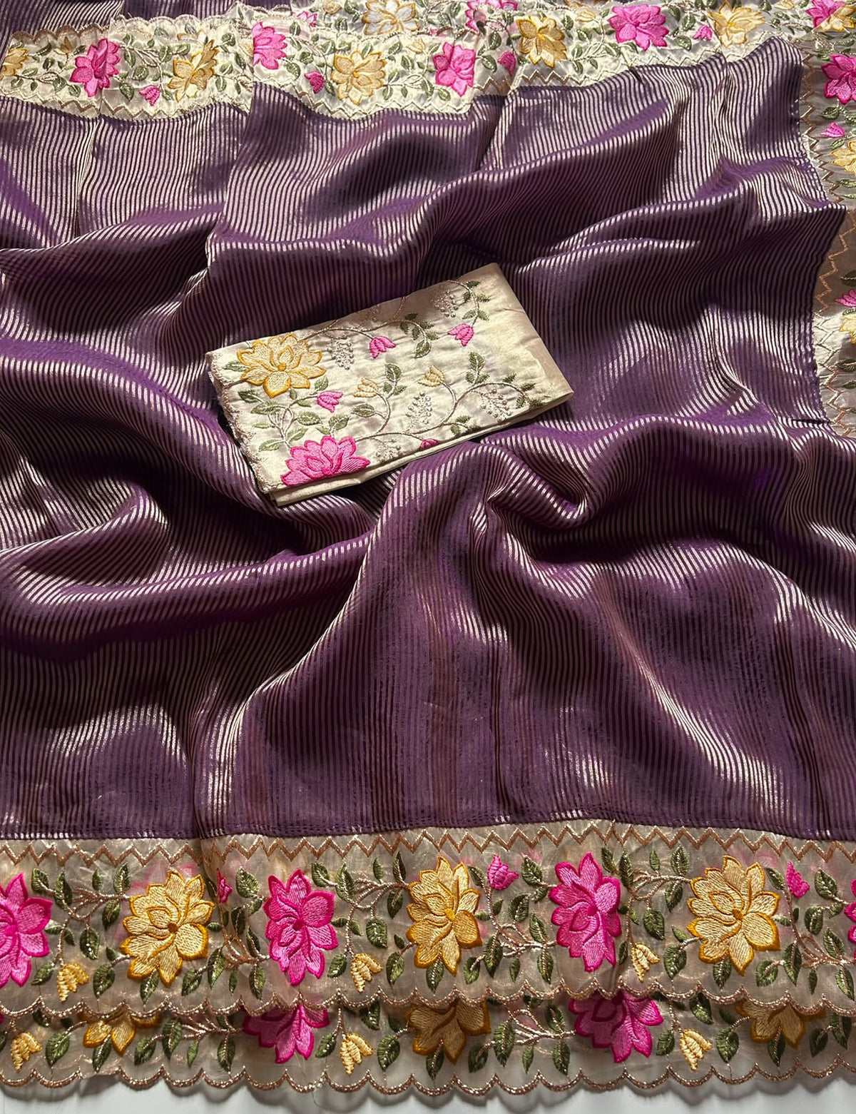Pure Tissue Organza Silk Stripe Sarees designd with embroidery work blouse
