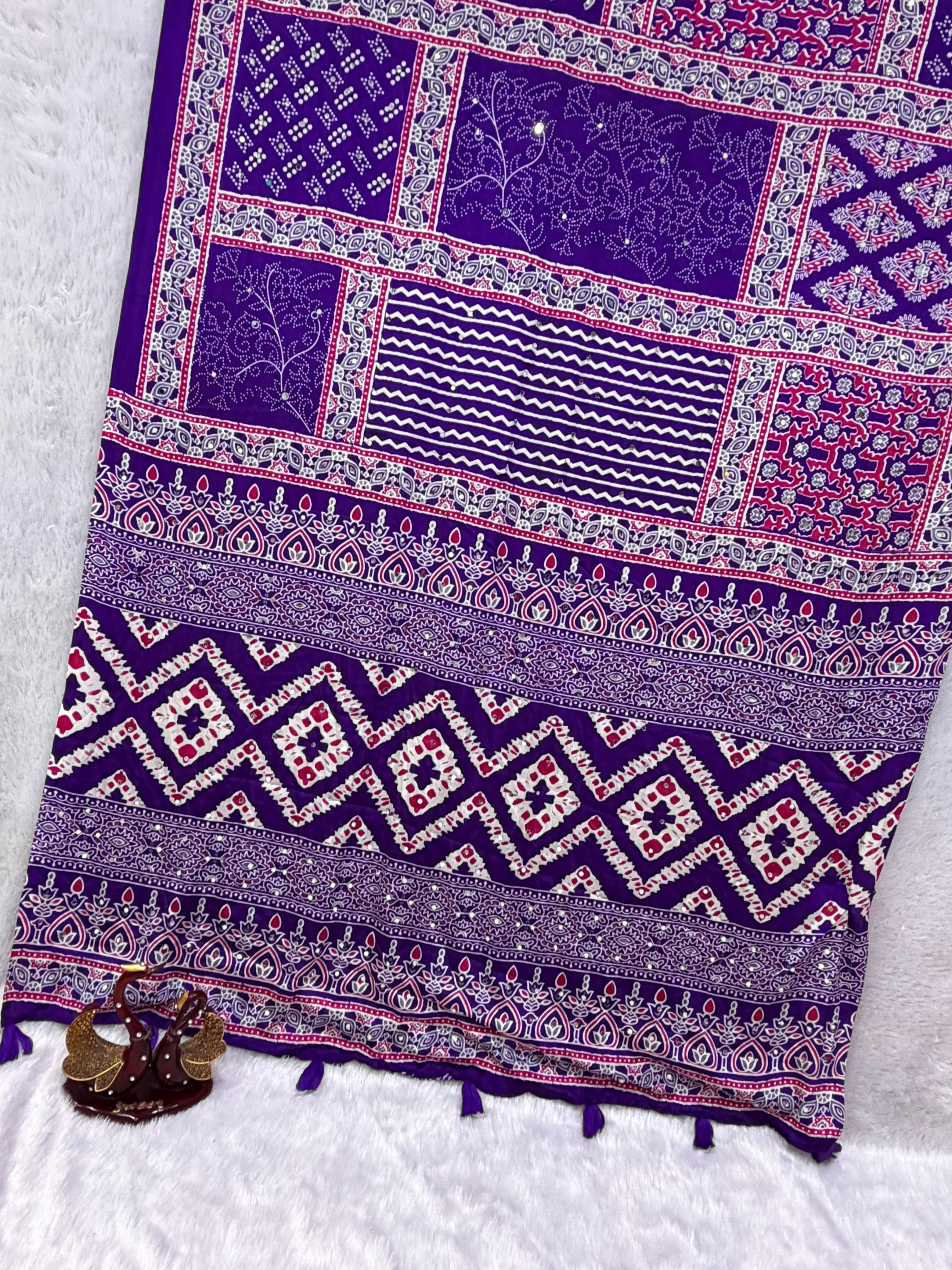Beautiful Ajarakh Sarees with Real Mirror Work and Latkan