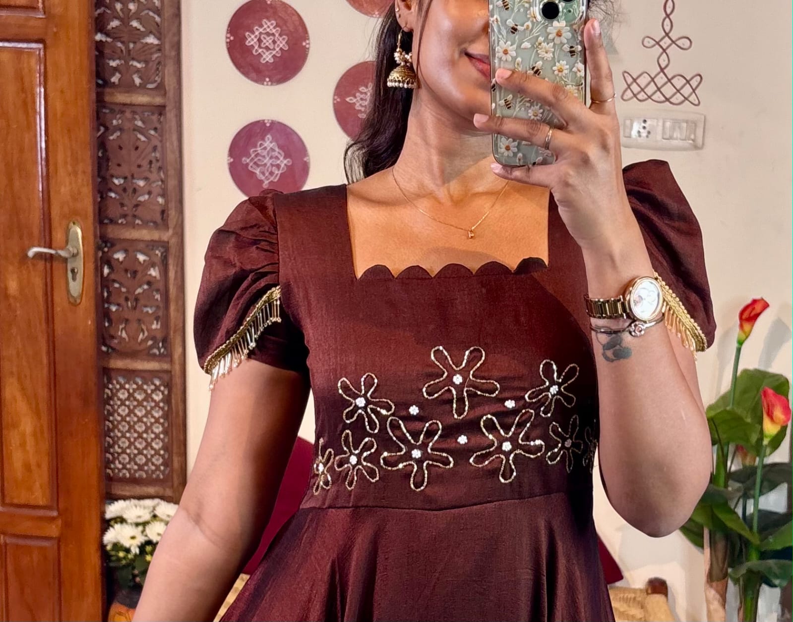 Upto 3XL- Vichitra Blooming Floor length Gown handwork in wrist and scallop neck double sleeves with hanging lace