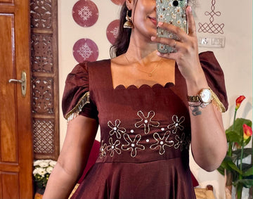 Upto 3XL- Vichitra Blooming Floor length Gown handwork in wrist and scallop neck double sleeves with hanging lace
