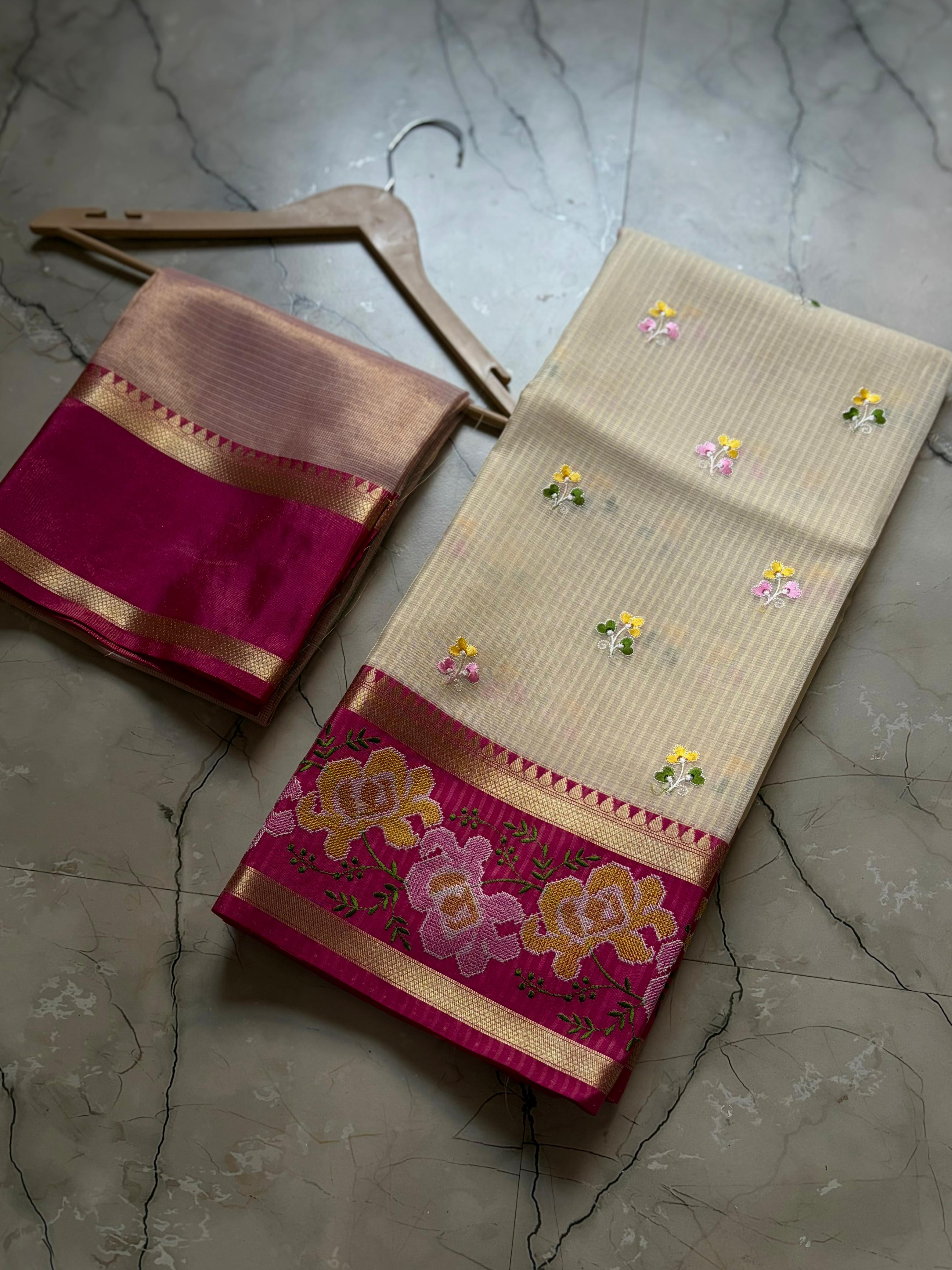 Banarasi Embroidery Pink Border Designer Kota Checks Sarees