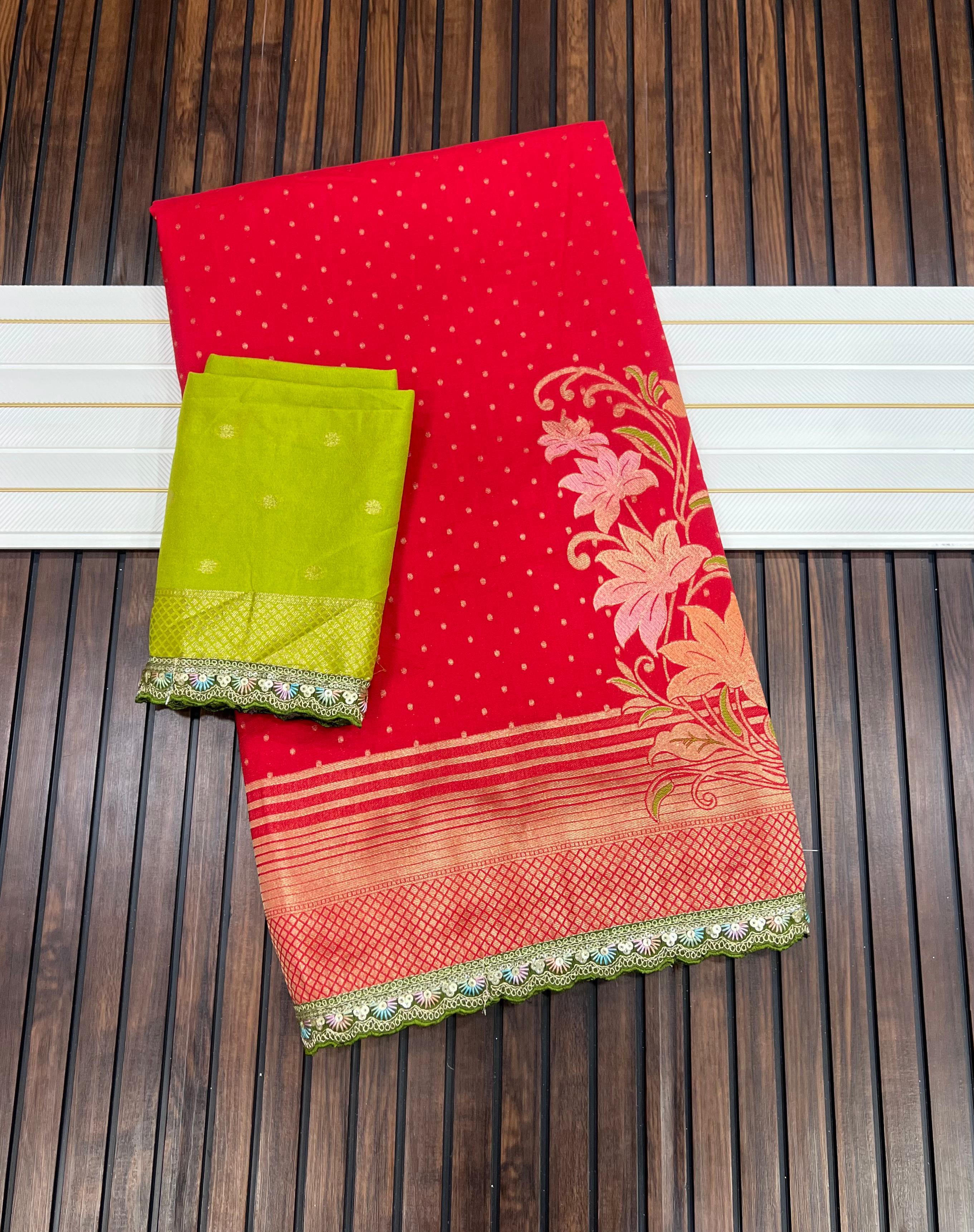Premium Khadi Georgette Saree with Beautiful Lace Border