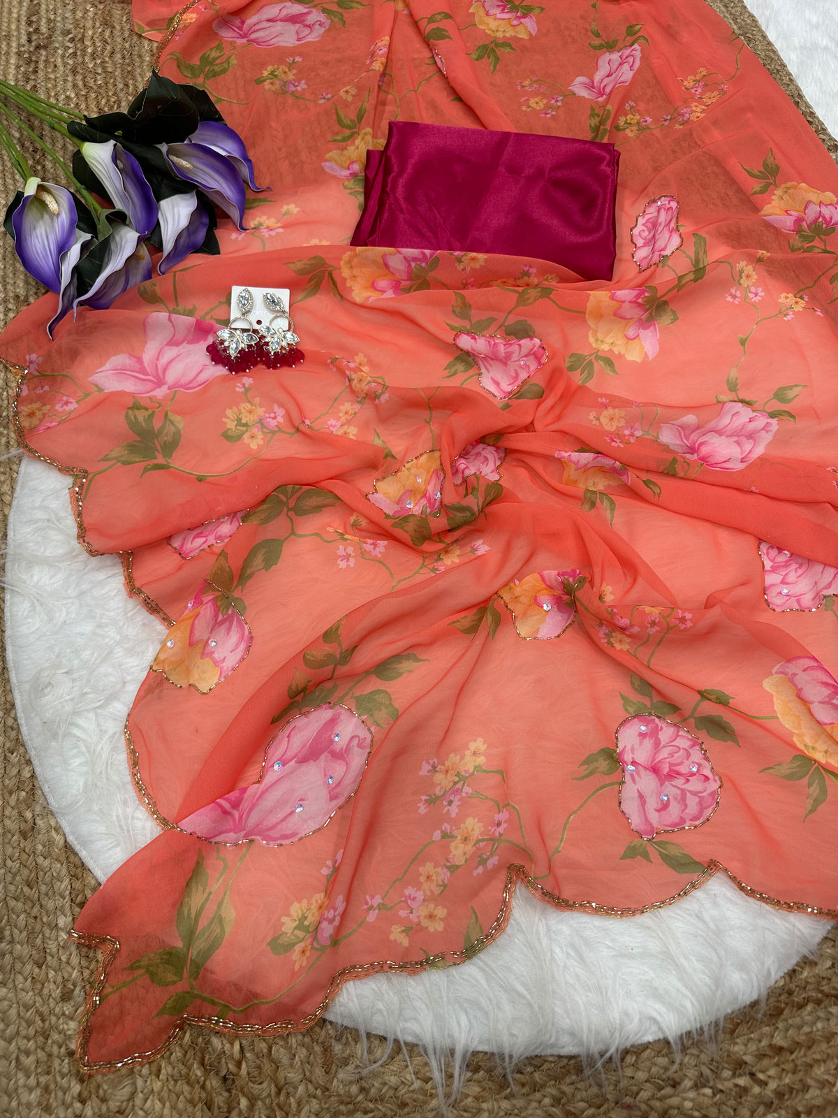 Soft Georgette Sarees with Digital Print & Designer Valmoti Handwork