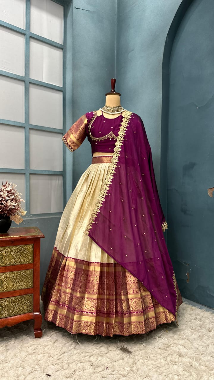 Premium Designer Pure Banarasi Tissue Silk Fully Stitched Lehangas