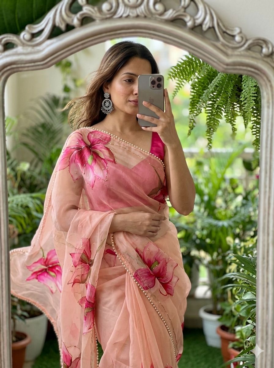 Georgette Silk with Designer Handwork Saree and Moti Lace Border
