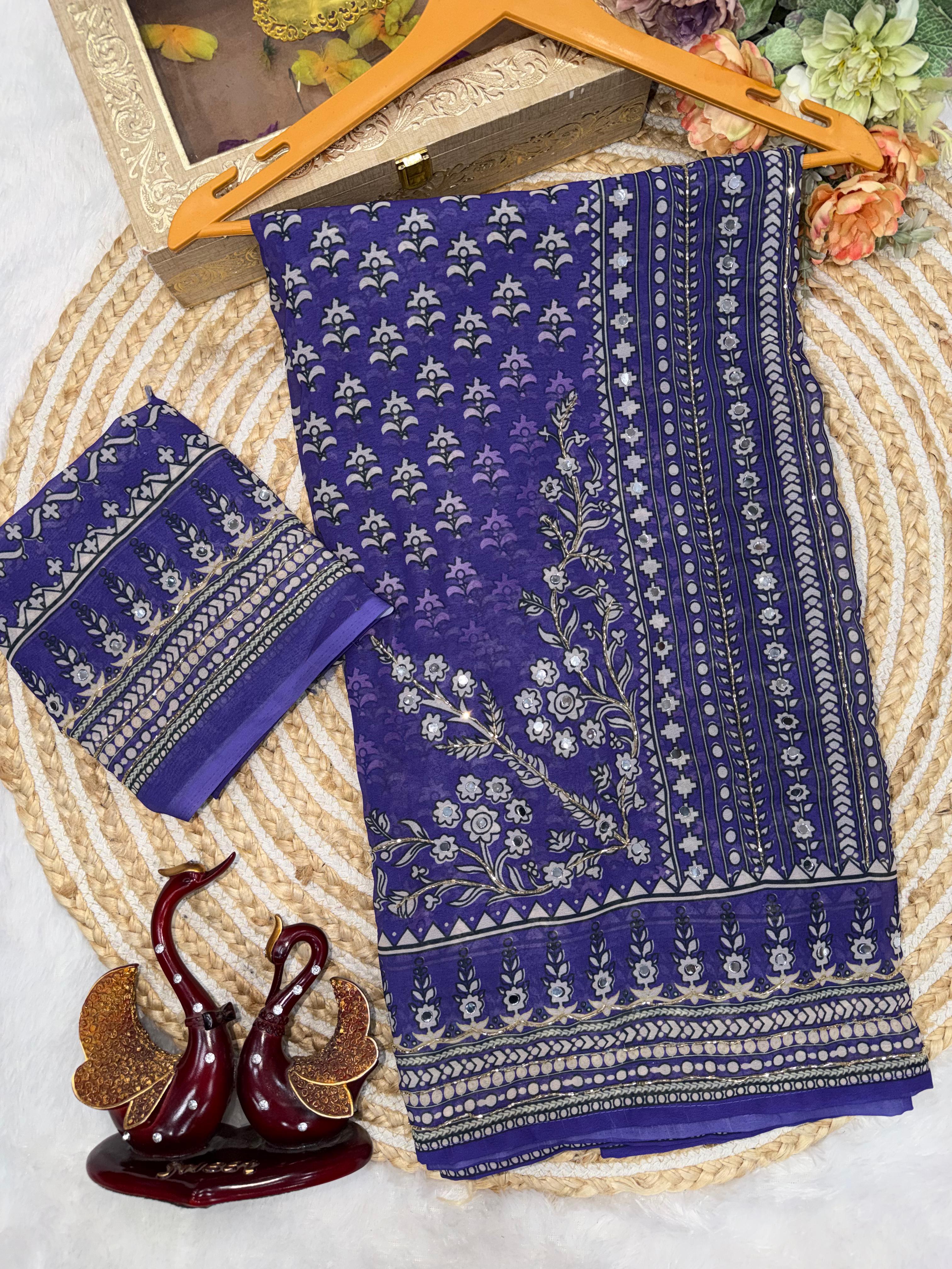 Ajrakh Designer Soft Fox Georgette Sarees with Cutdana and Mirror Work