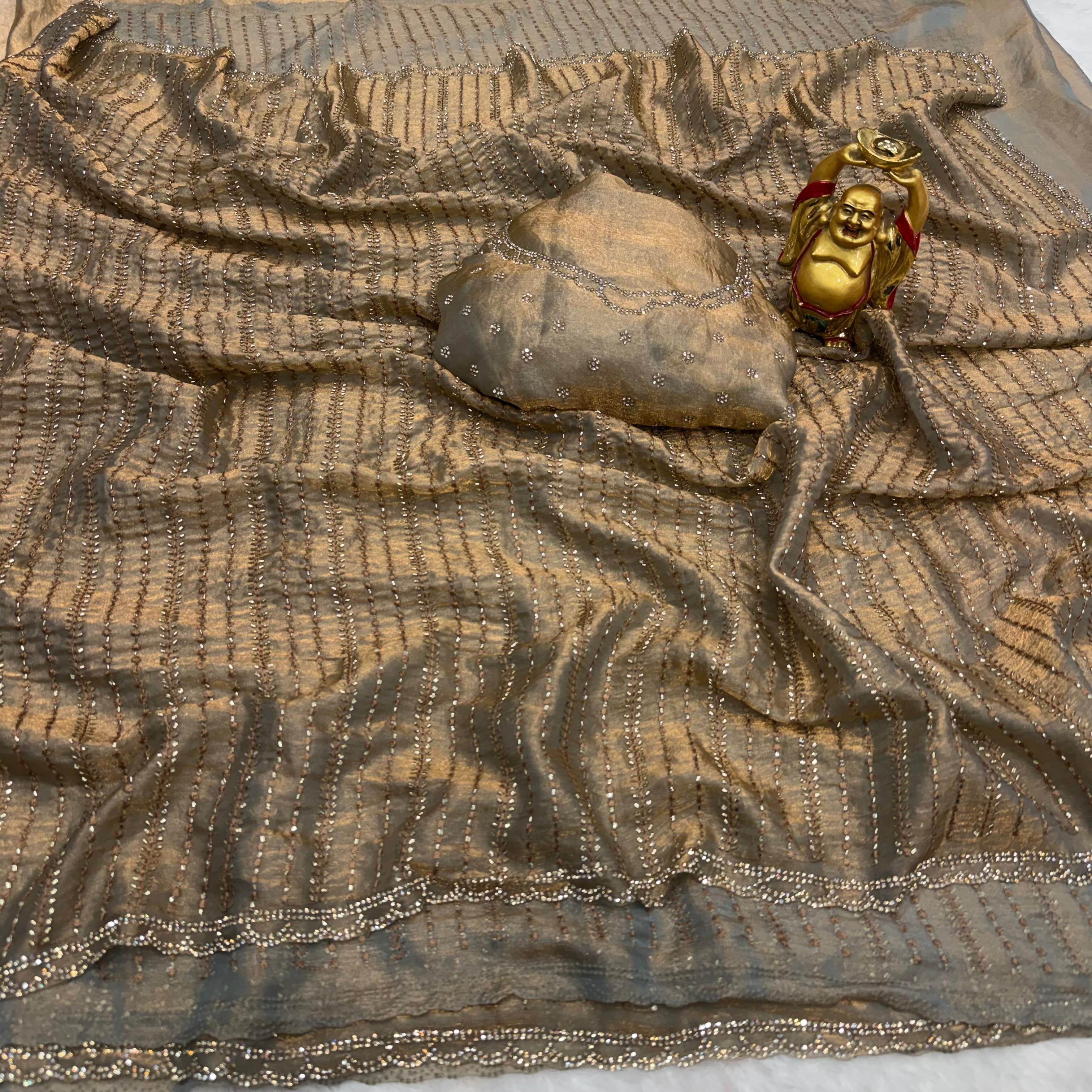 Soft Satin Sarees with Beeds Work with Zarkhan Border