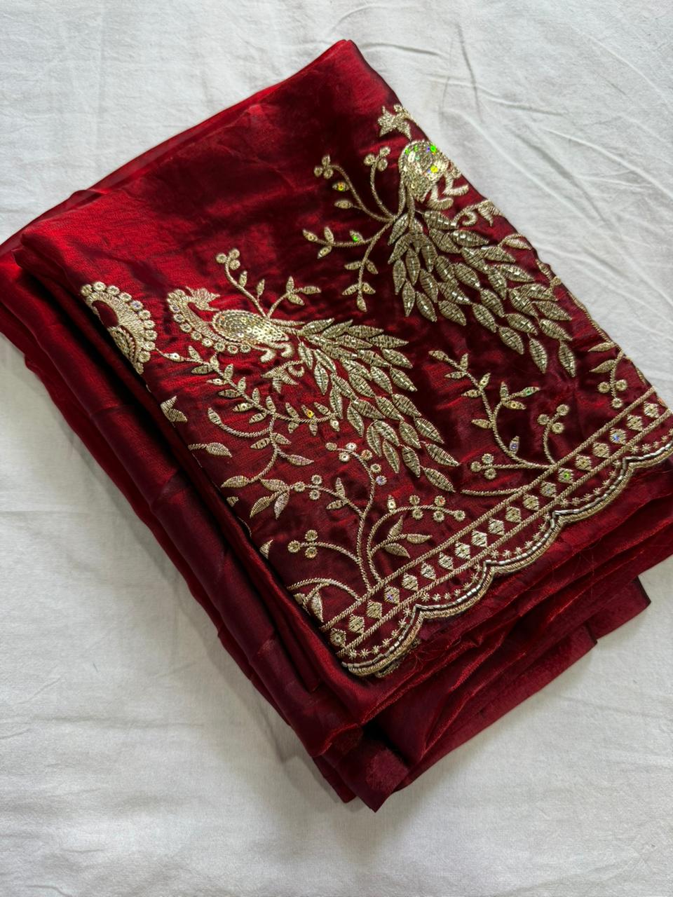 Space Sattin Saree With Running Bits Sequence Work Blouse