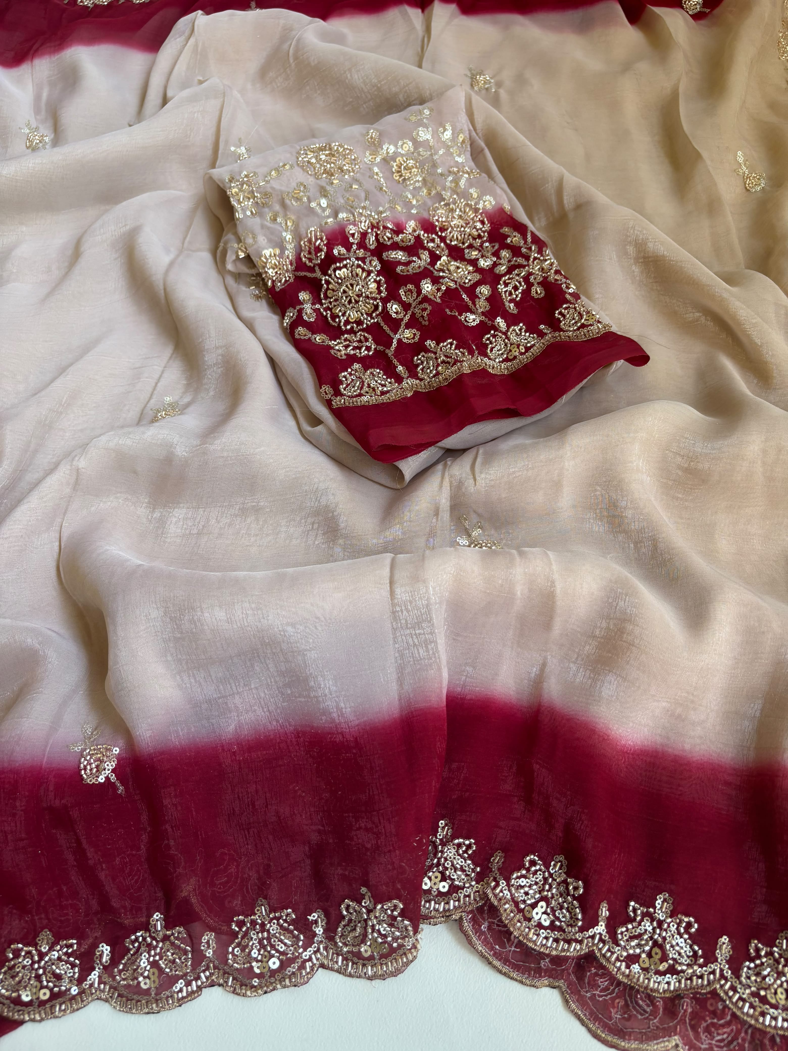 Elegant Fendy Satin Saree with beautiful sequence beats work Paired with unstitched 0.90 meter blouse piece