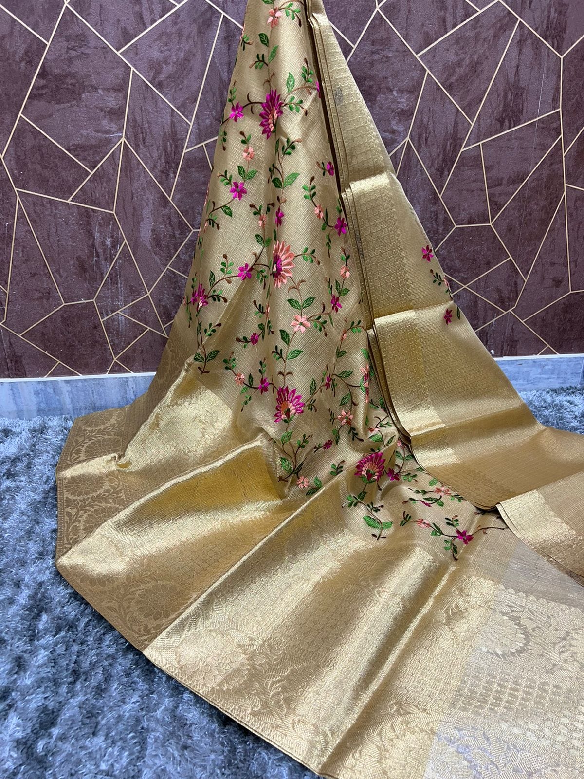 Gold Soft Banarasi Tissue Silk Saree with Embroidery Work