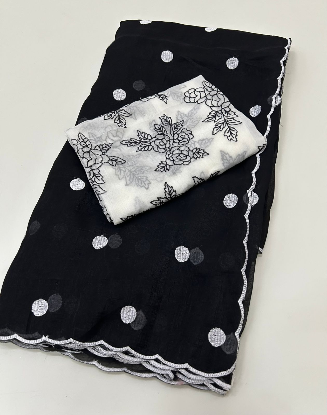 Polka Dots Saree with Embroidery Work