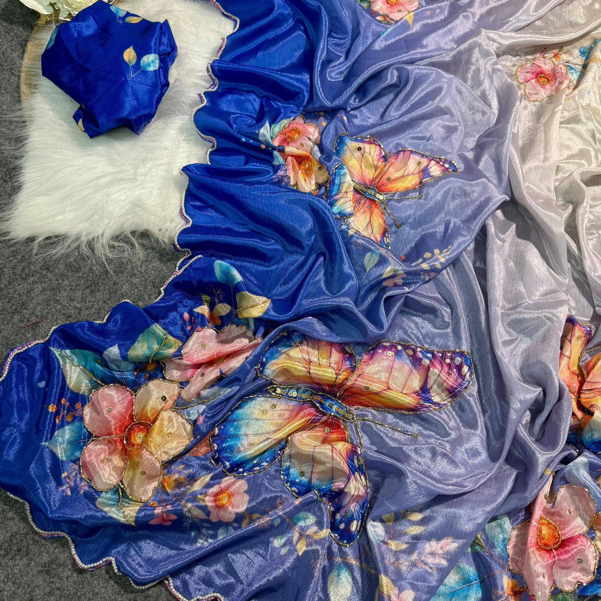 Soft Georgette Malai Silk with Beautiful Floral & Butterfly Design with Cutdana Work
