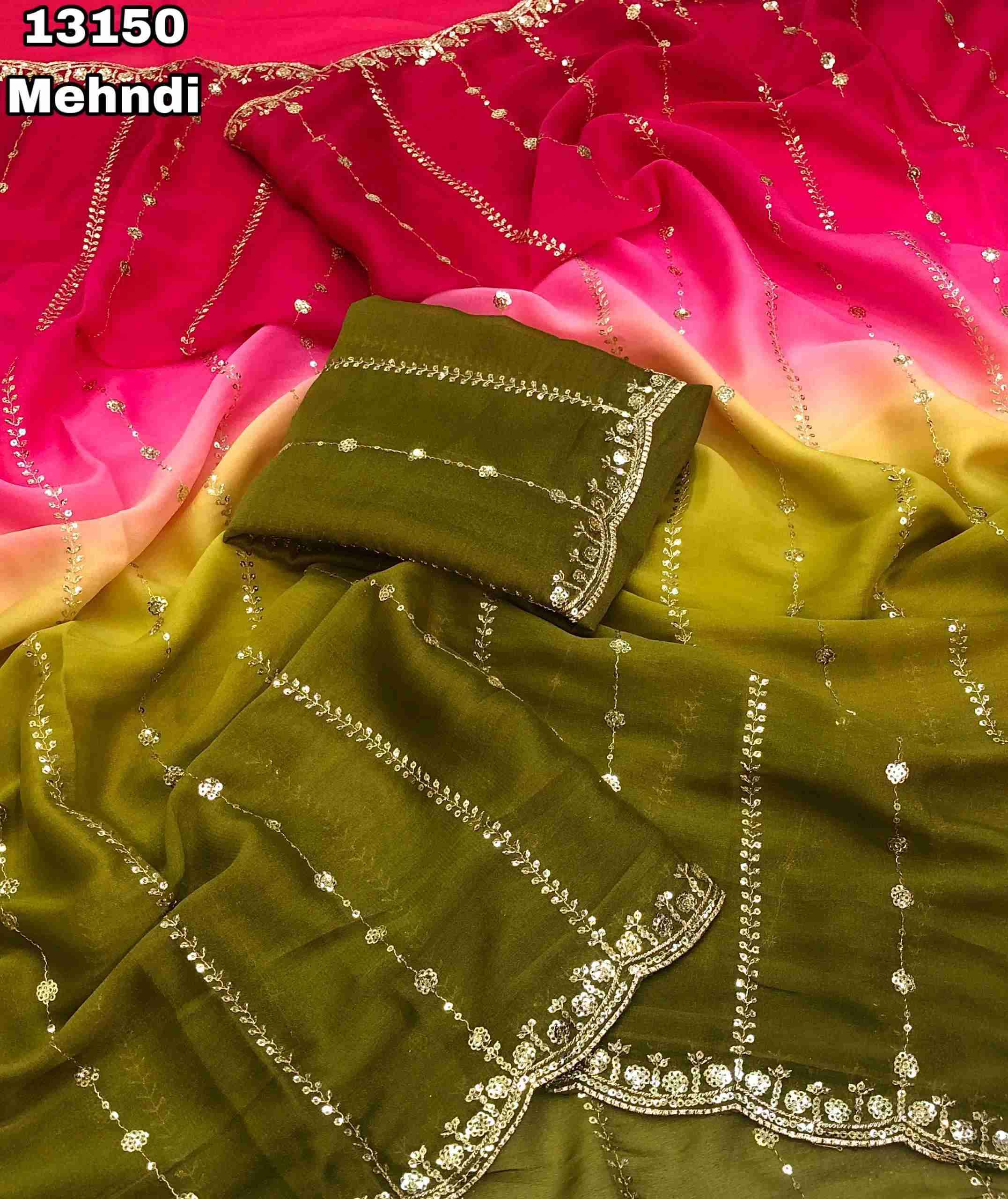 Star Georgette Pedding Sarees With Embroidery & Sequence Work With Scalloped Cutwork Border