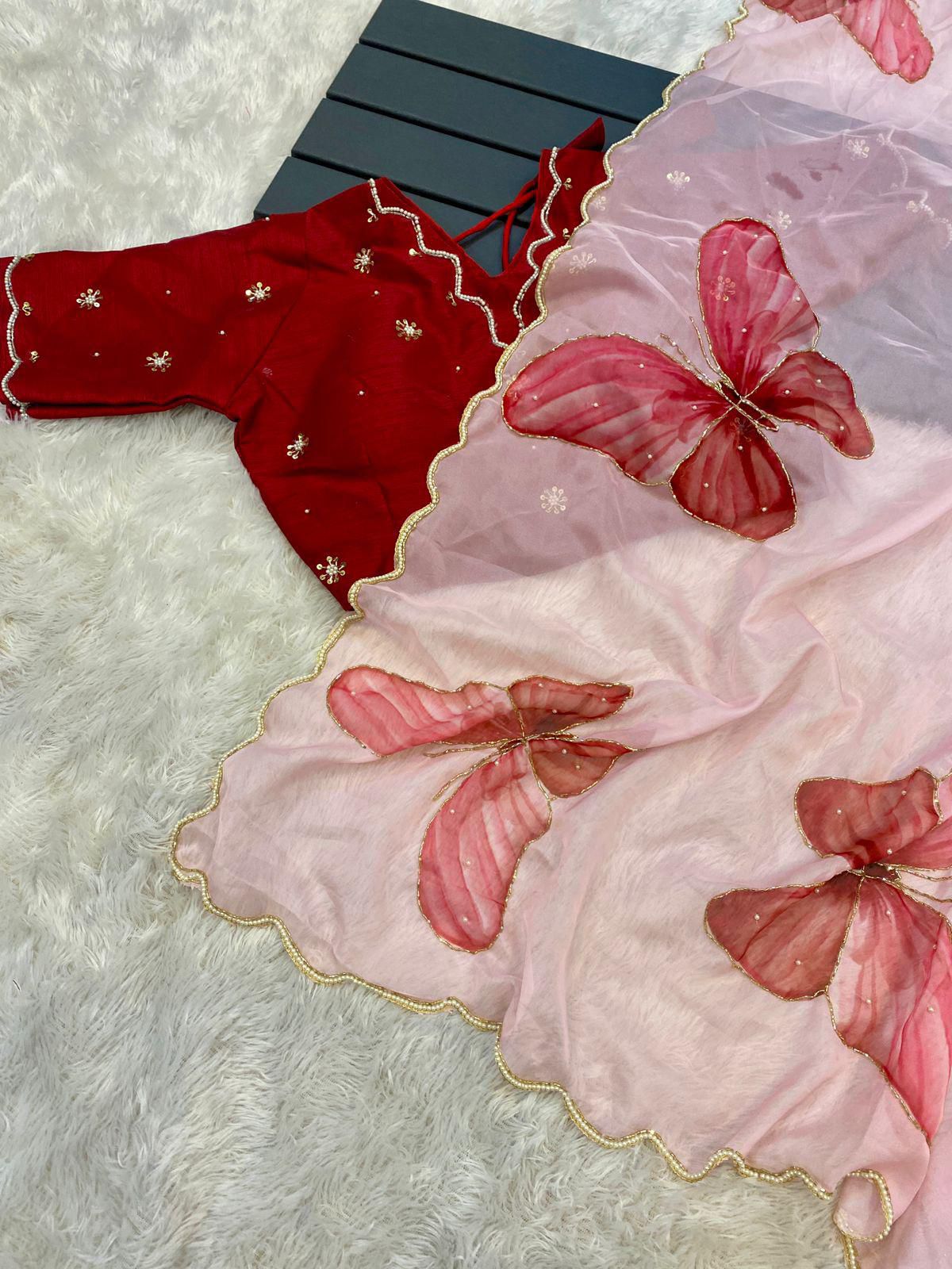 Saree with Readymade Blouse Soft Satin Organza with Flower Handprint in All Over Cutdana Work
