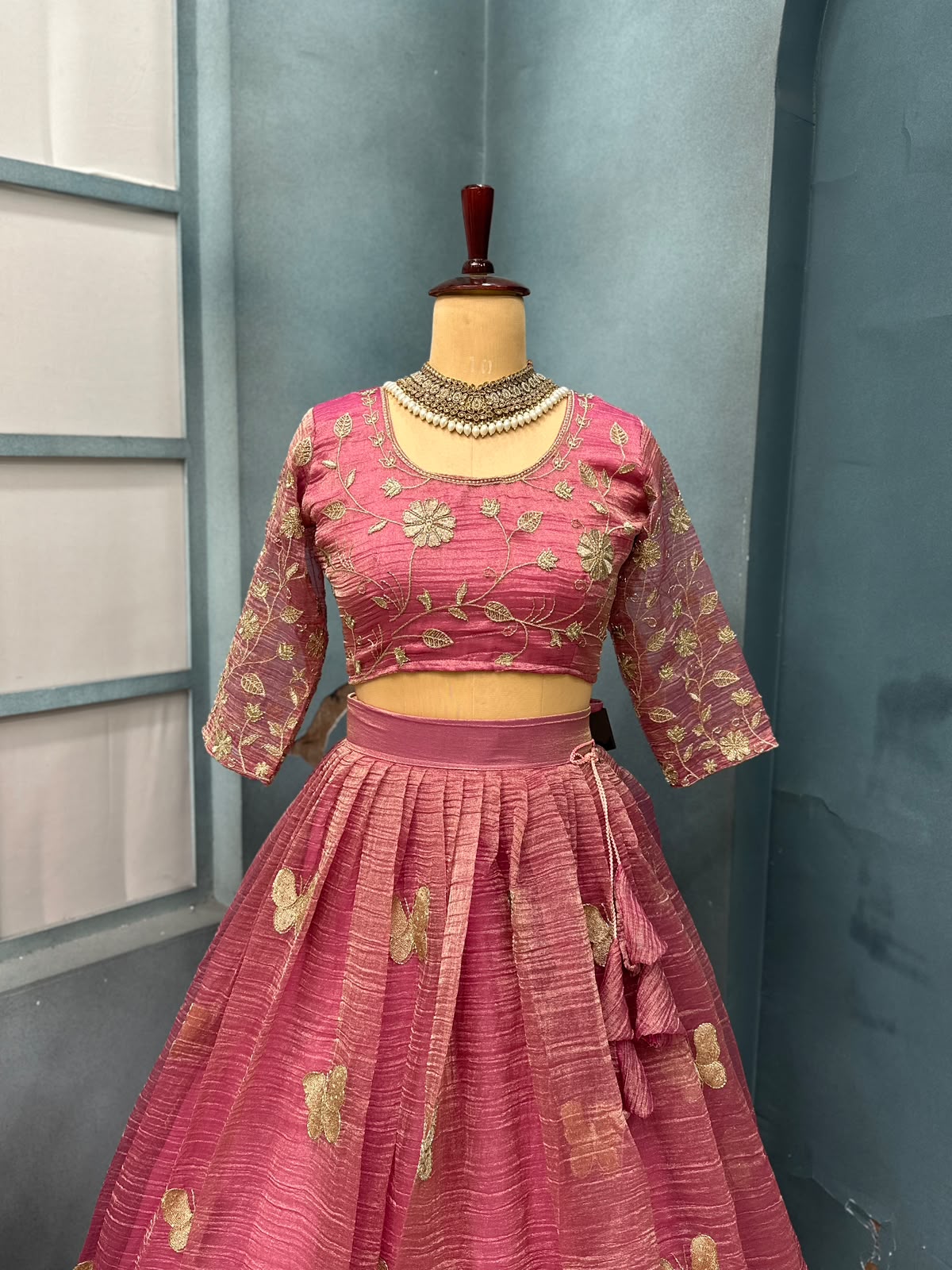 Premium Salsa Silk Fully Stitched Lehenga Set with Elegant Butterfly Maggam Embroidery
