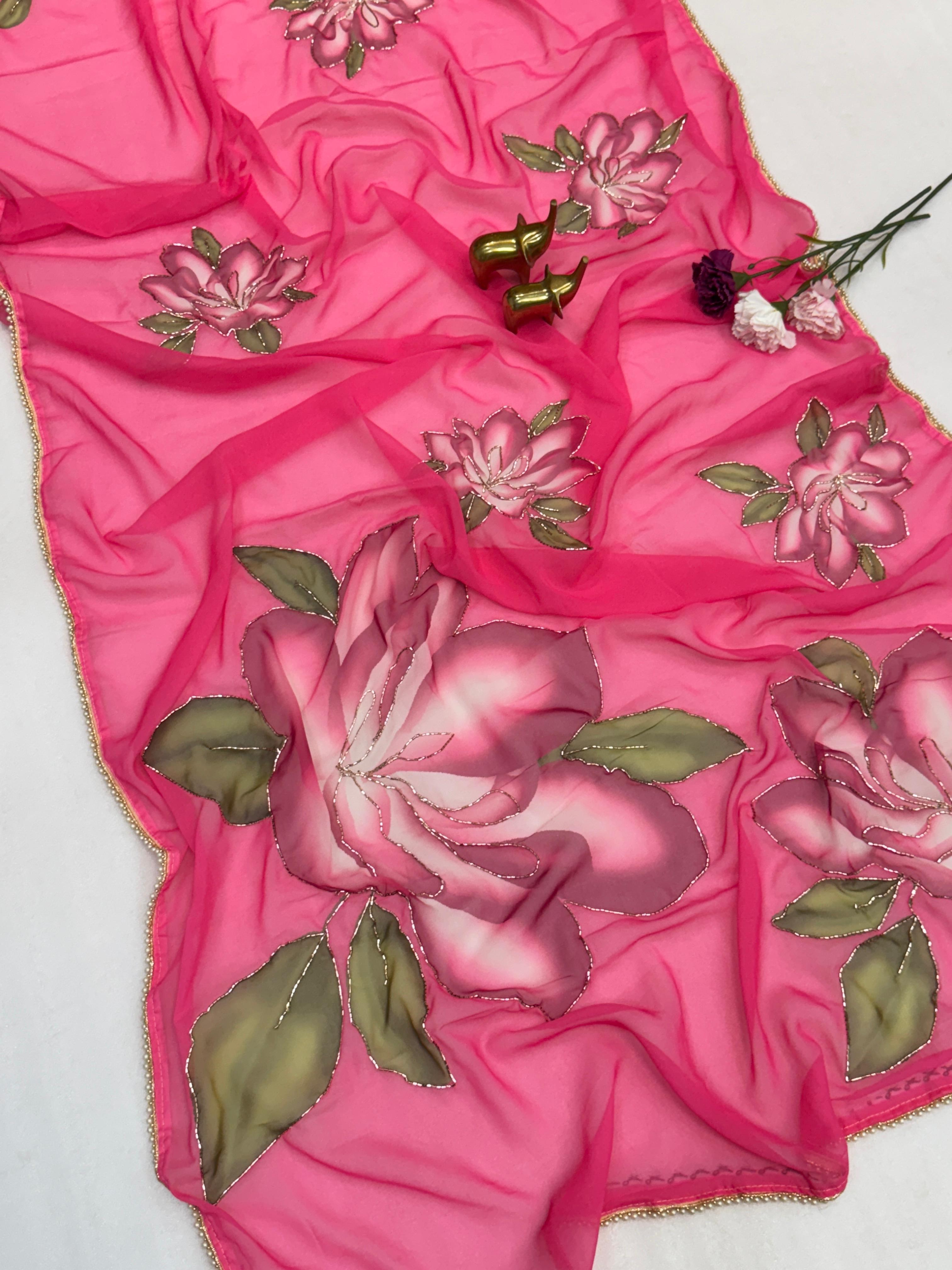 chiffon floral saree with cutwork and lace border