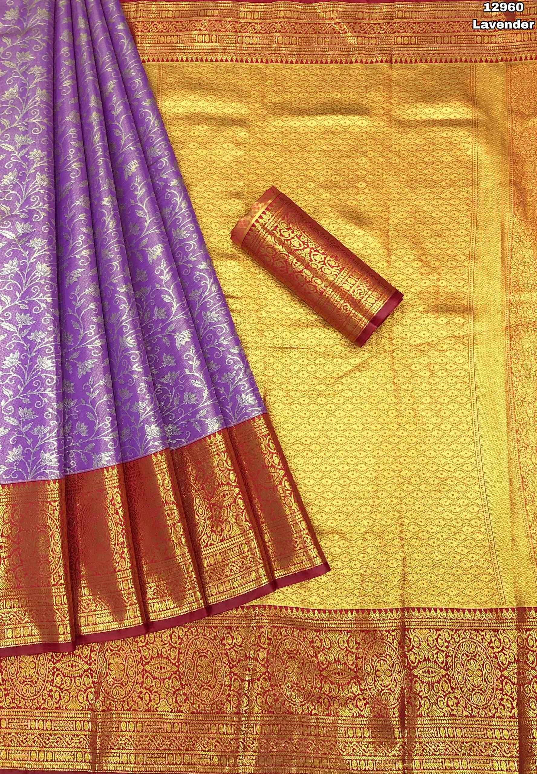 Trending Lavender with Red Fancy Pattu Saree in Two Zari Types