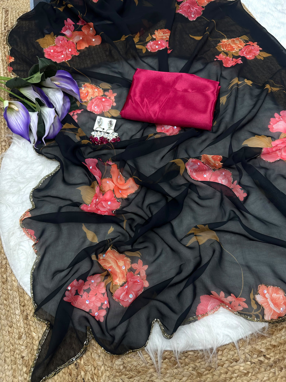 Soft Georgette Sarees with Digital Print & Designer Valmoti Handwork