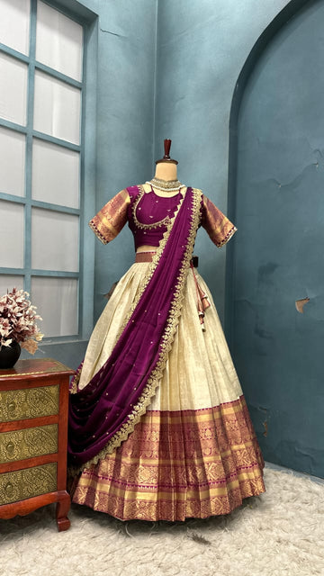 Premium Designer Pure Banarasi Tissue Silk Fully Stitched Lehangas