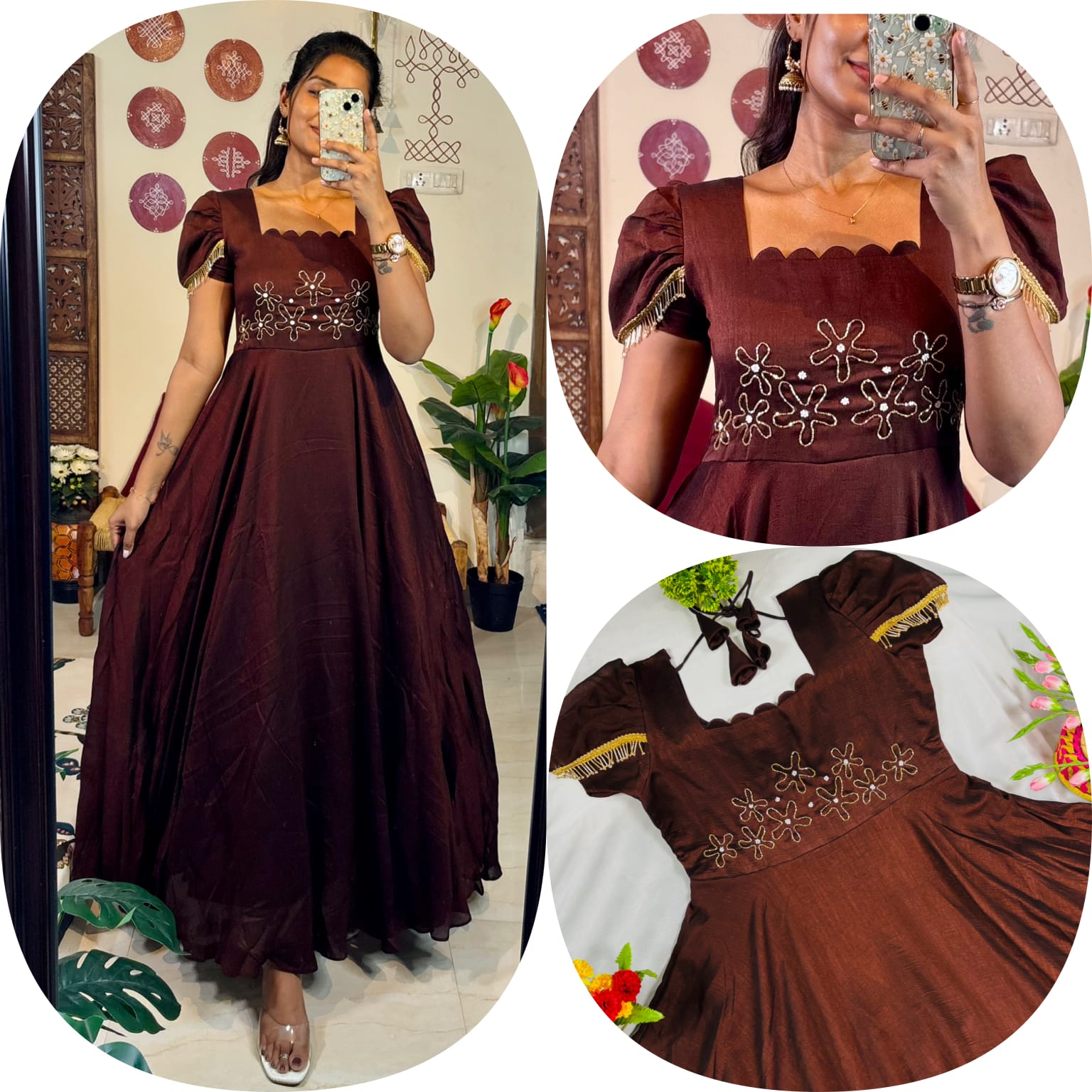 Upto 3XL- Vichitra Blooming Floor length Gown handwork in wrist and scallop neck double sleeves with hanging lace
