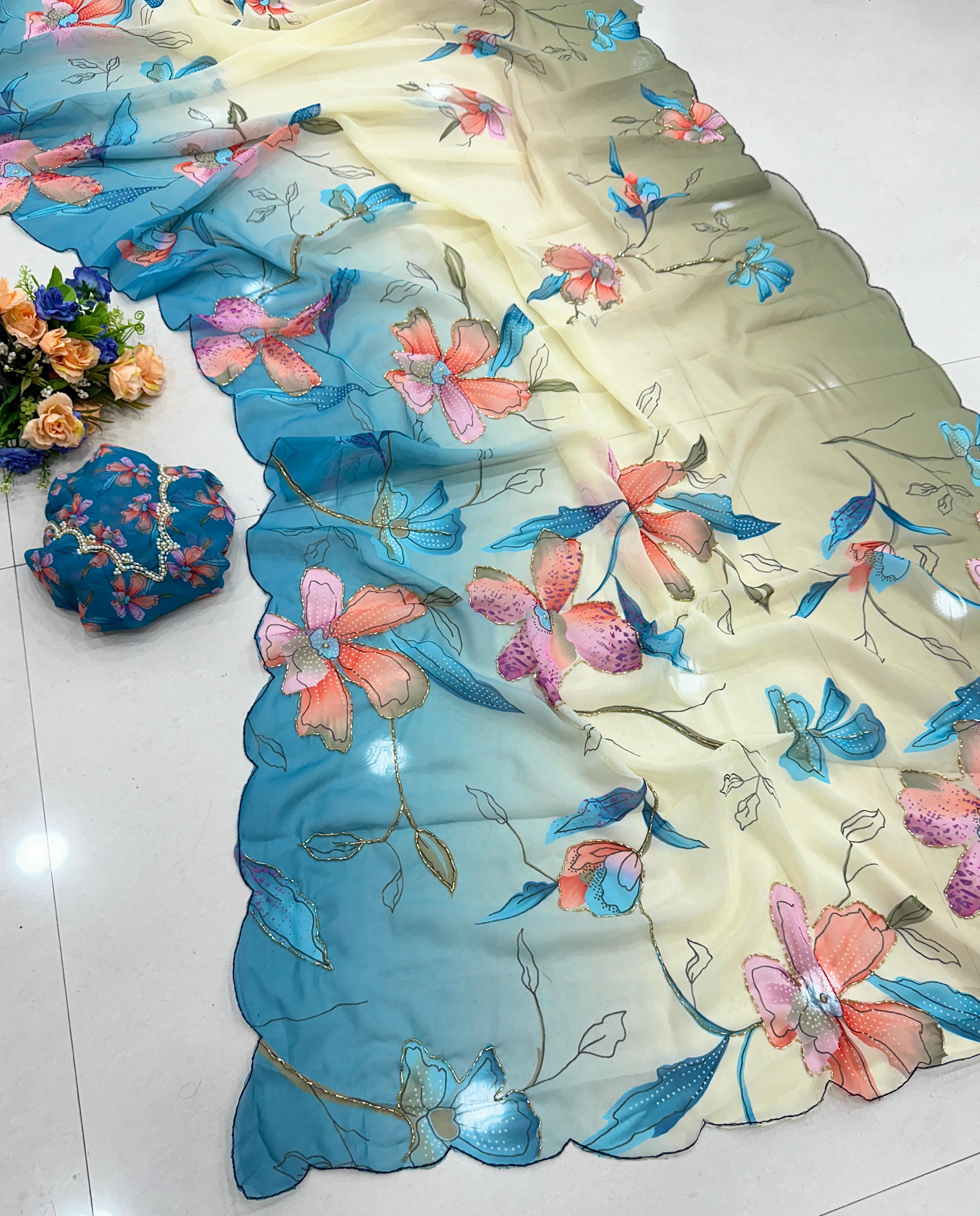 Chiffon floral saree with cutdana work