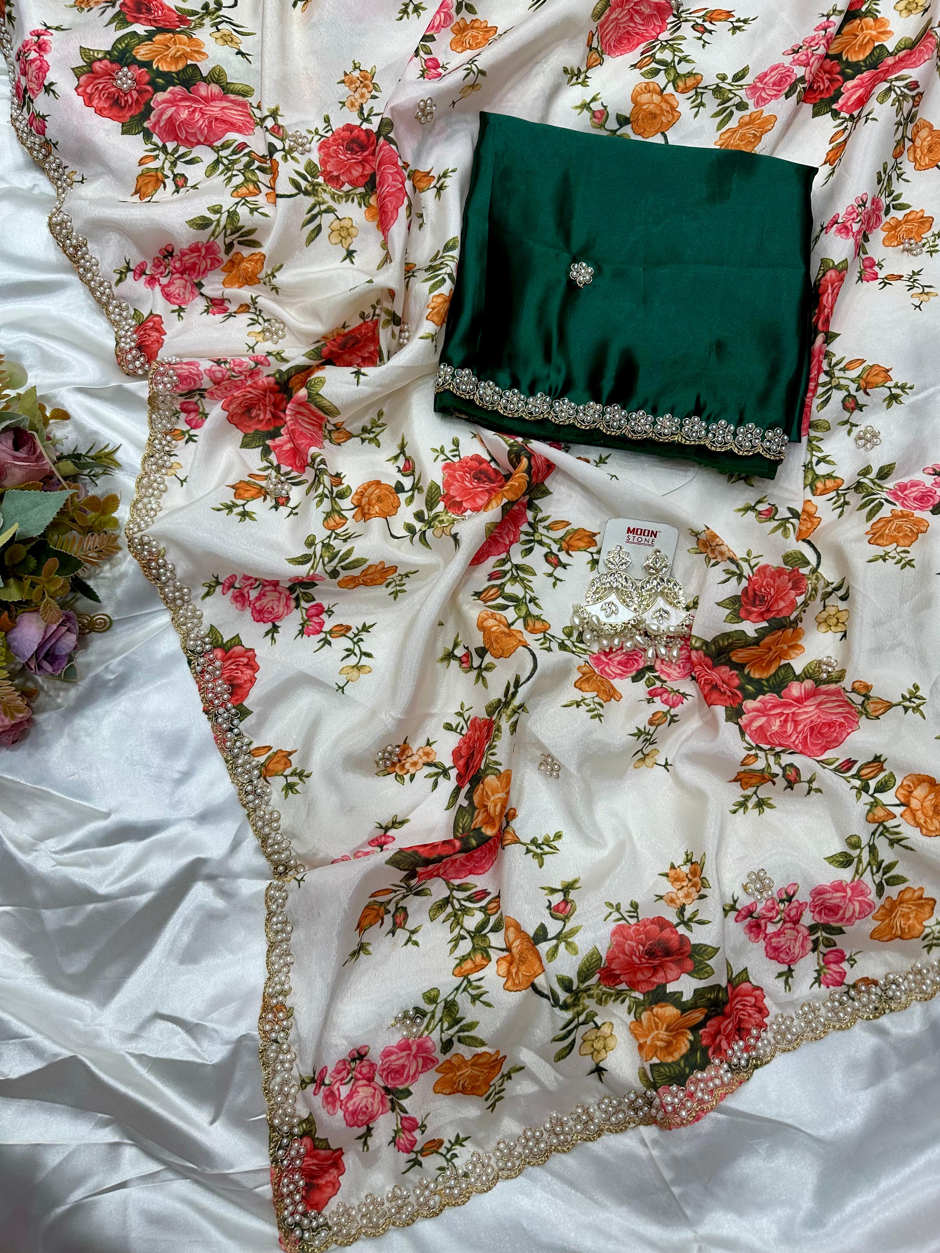 Chinnon Saree with Floral Designs & Moti Work