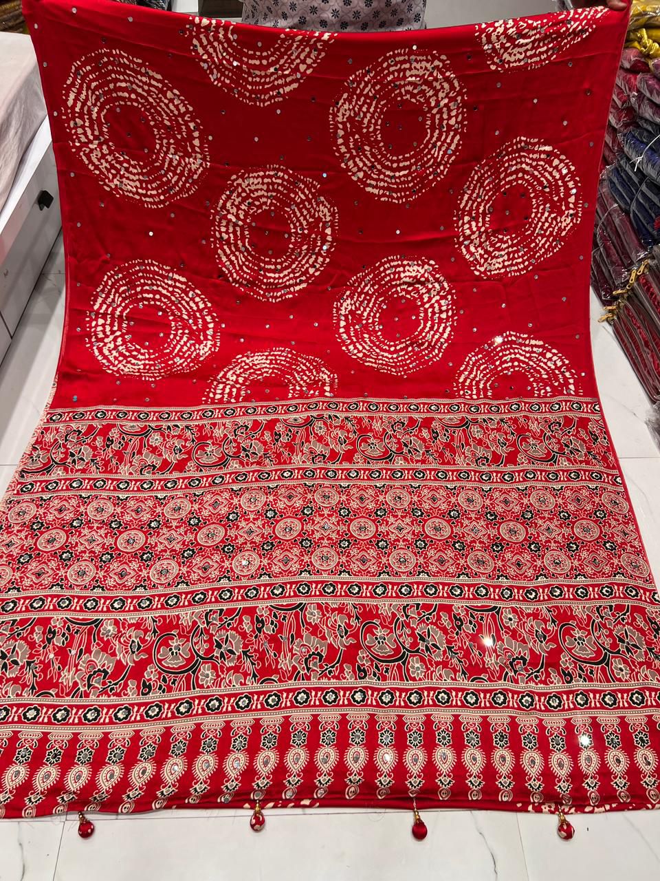 Ajrakh real mirror work sarees
