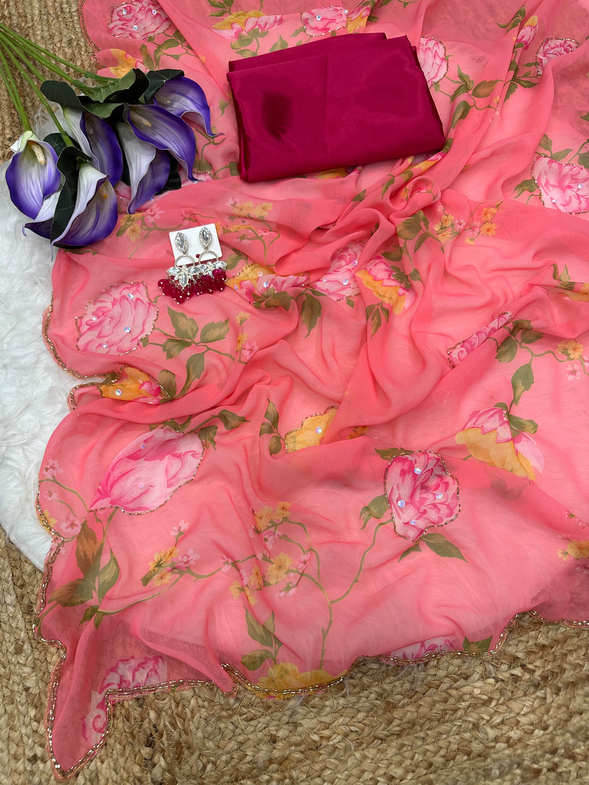 Soft Georgette Sarees with Digital Print & Designer Valmoti Handwork