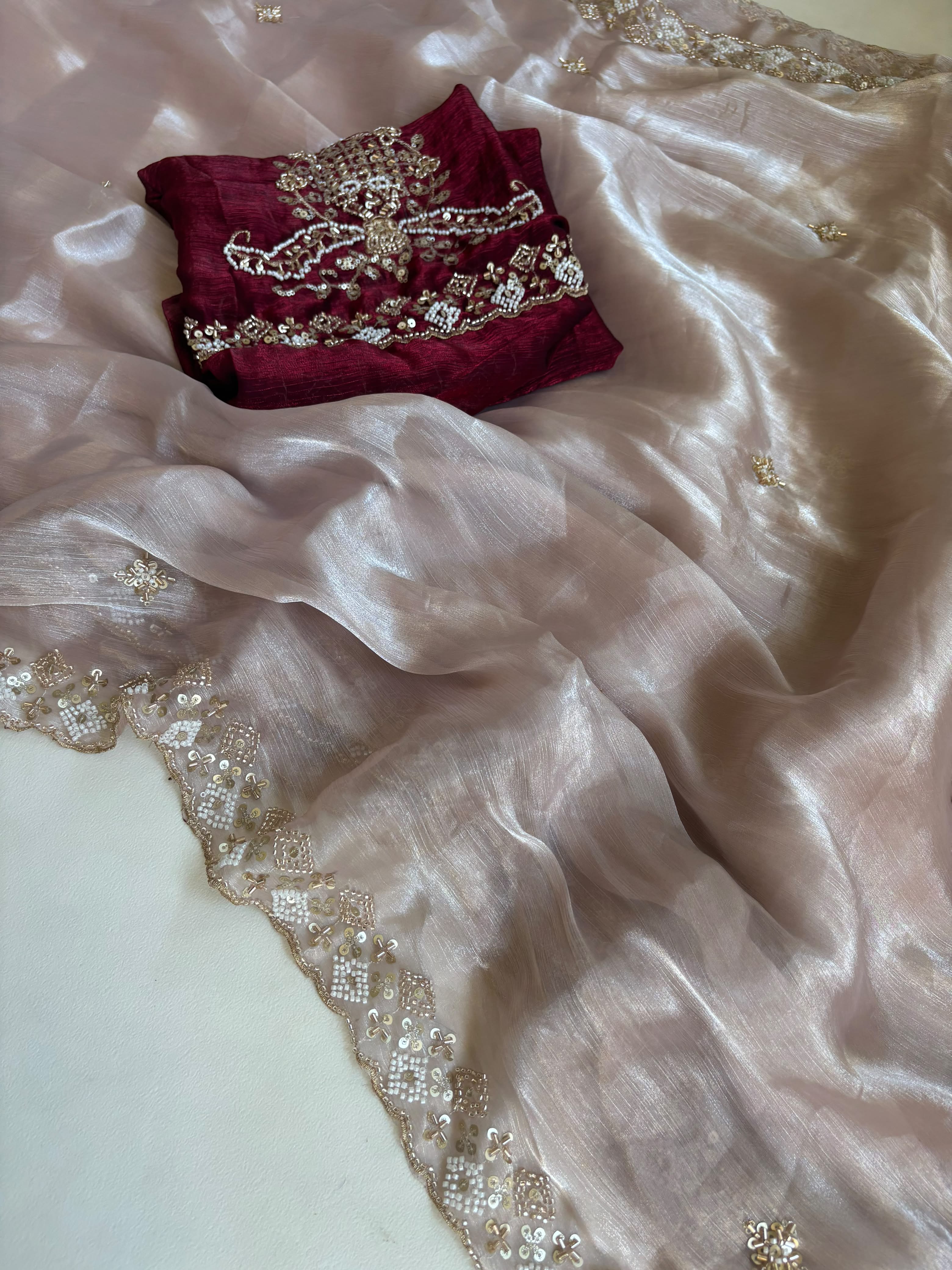 Elegant Fendy Satin Saree with beautiful sequence beats work Paired with unstitched 0.90 meter blouse piece