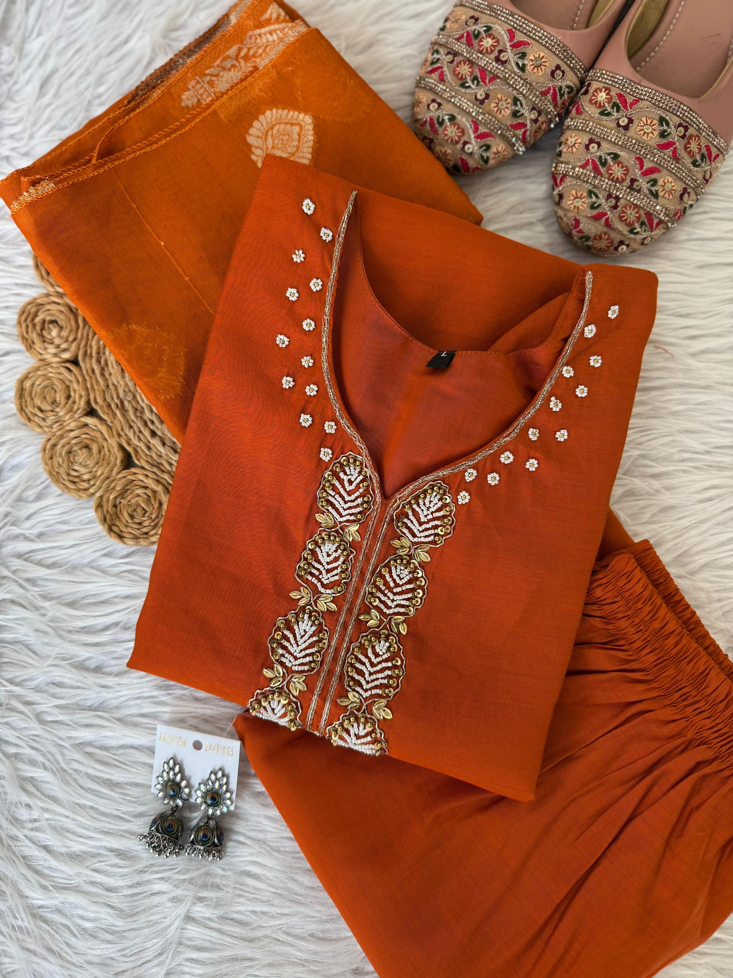 Beautiful Trending Orange Designer Kurti Set