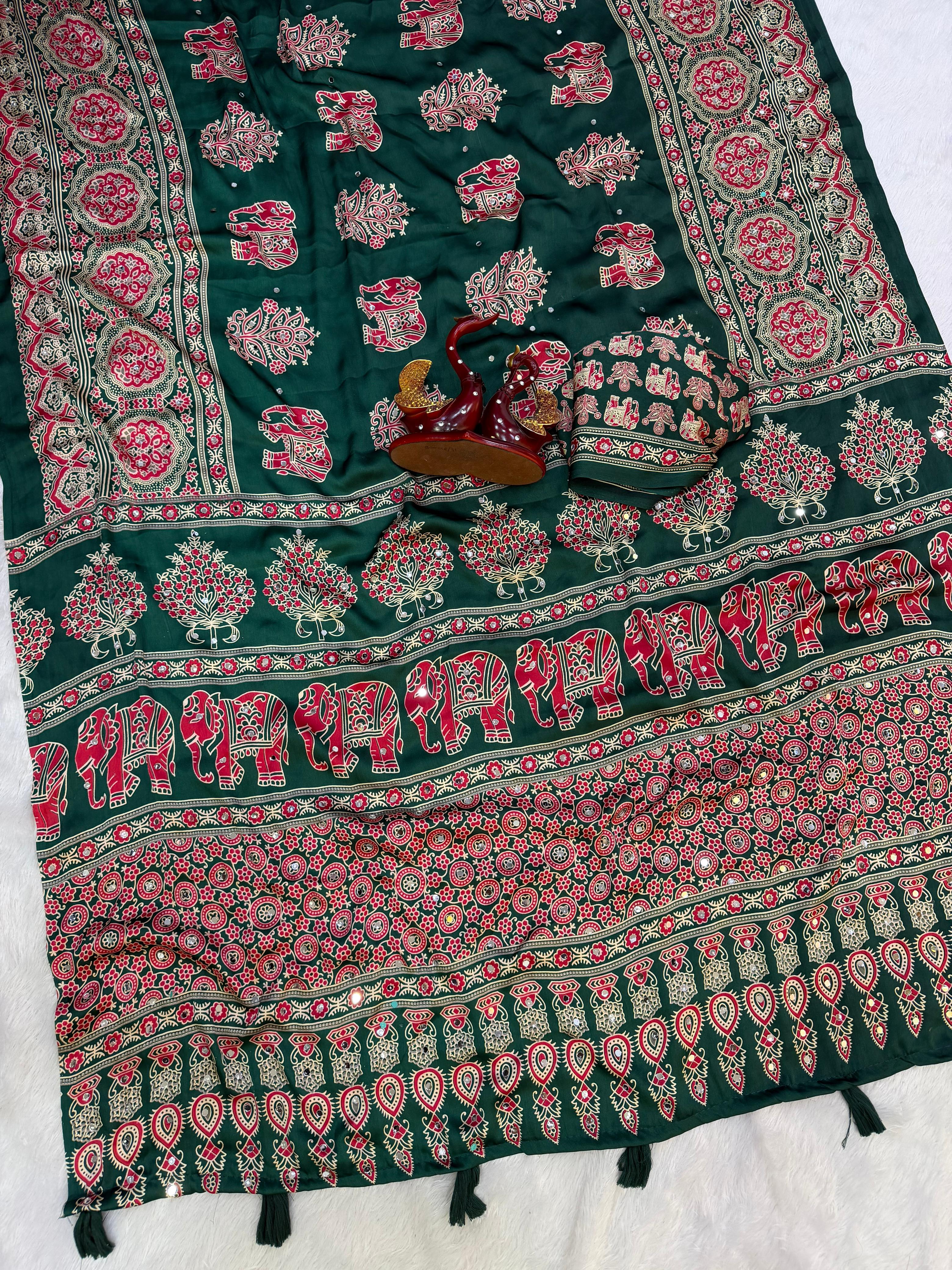 Beautiful Ajrakh Print with Real Mirror Work and Latkan