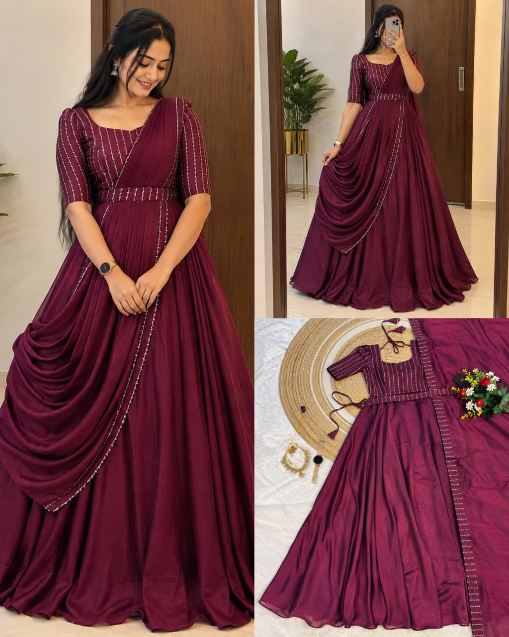 Premium Blooming Vichitra Silk Gown+Duppata with Sequence and Beads work