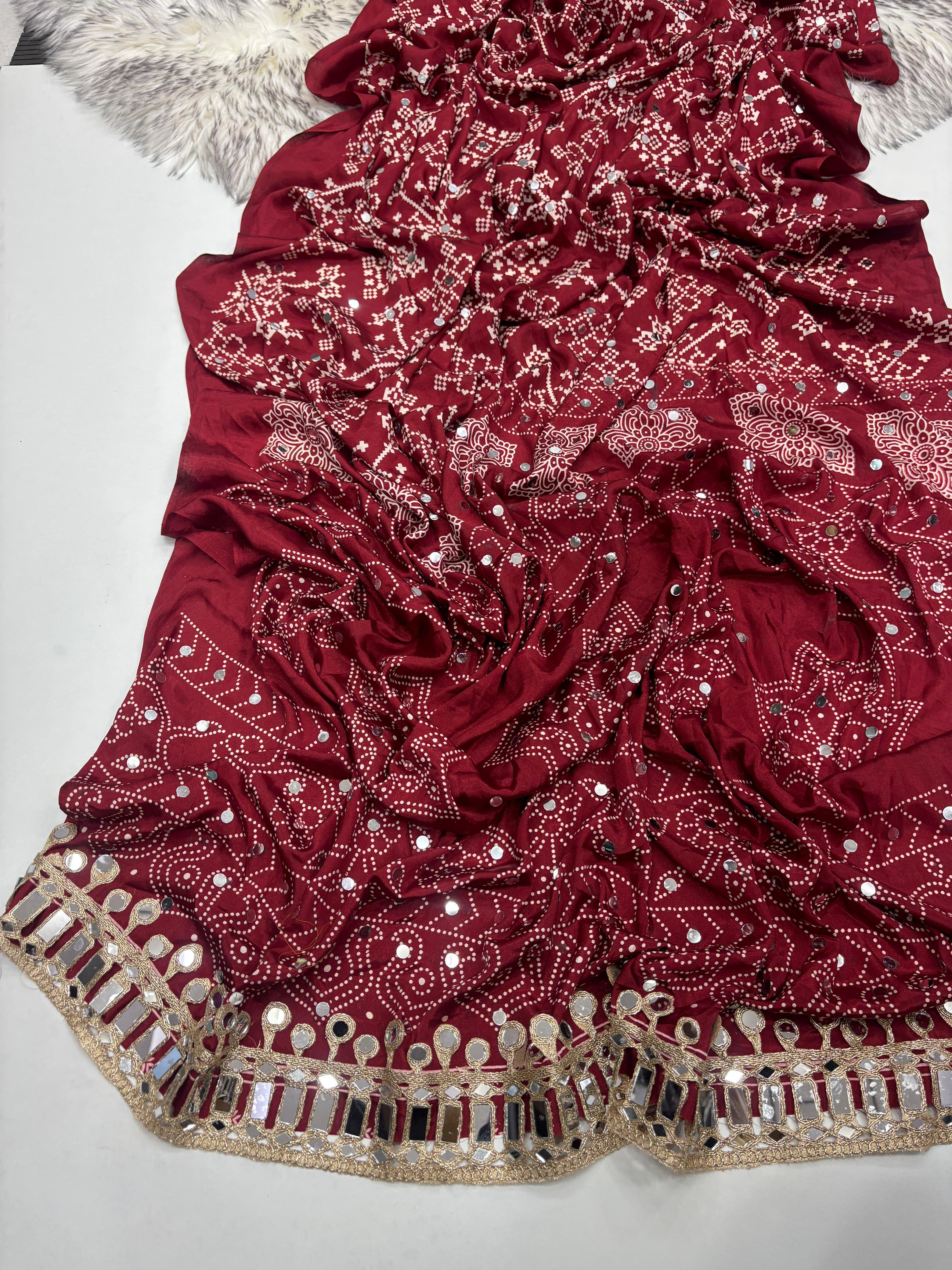 Ajrakh Saree with Mirror Work