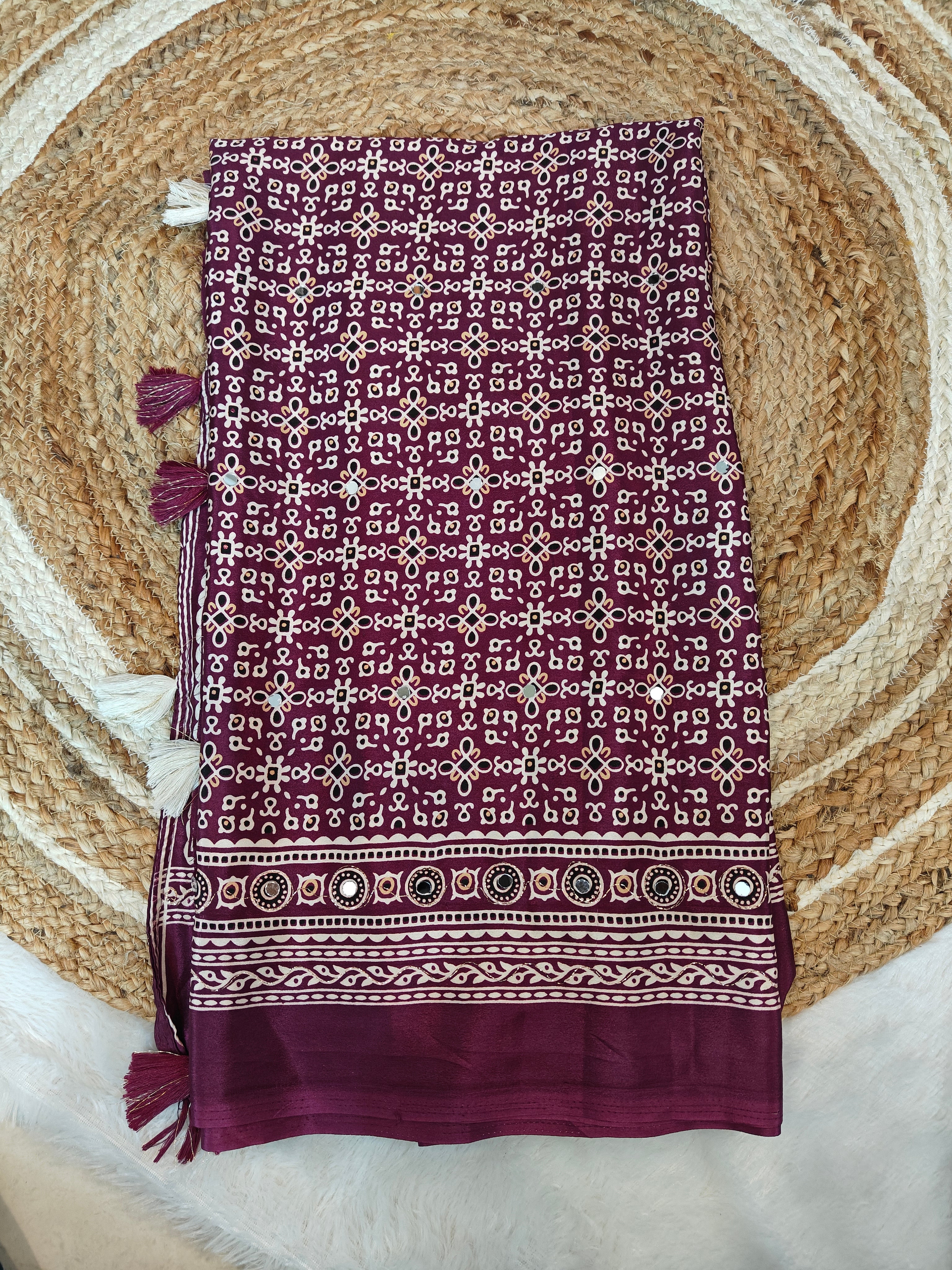 Premium Ajrakh Sarees with Mirror Work