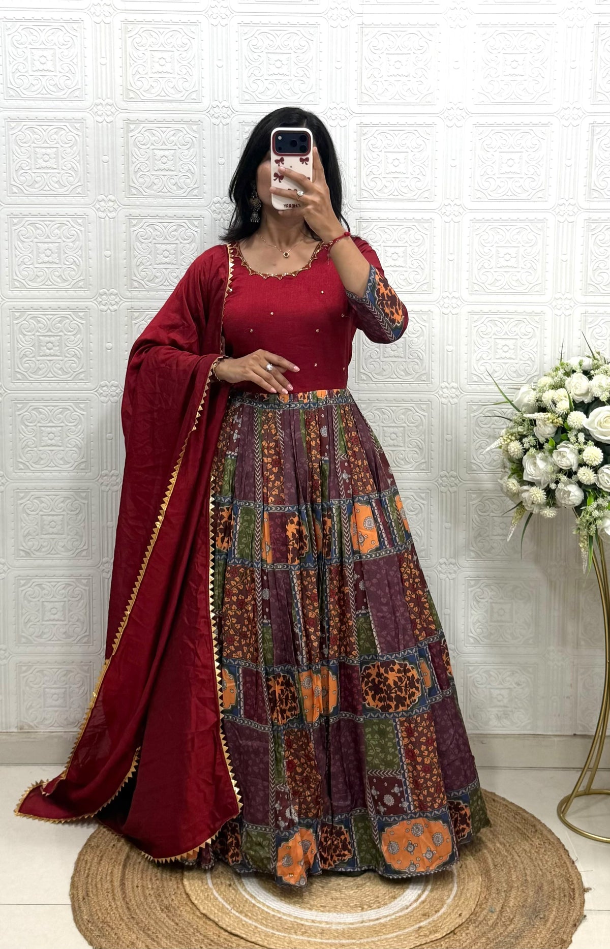 Vichitra Silk and Muslin Gown with Handwork & Duppata with Lace Border