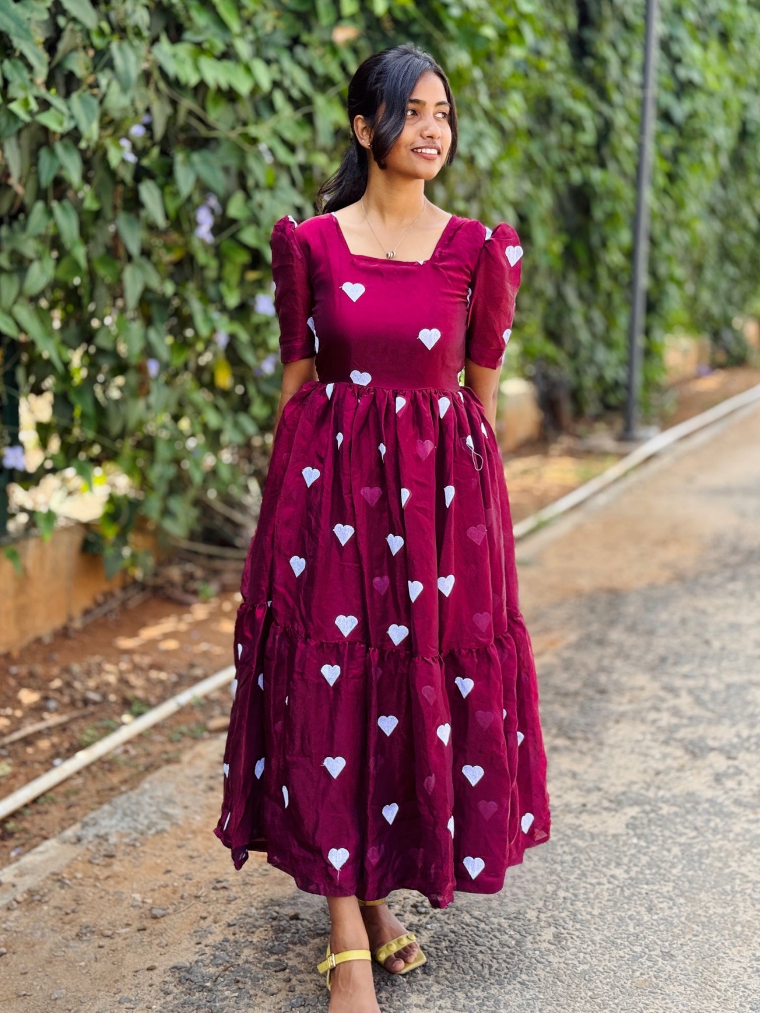Exclusive Heart Embroidery Trishade Shining Fendy Silk Gown