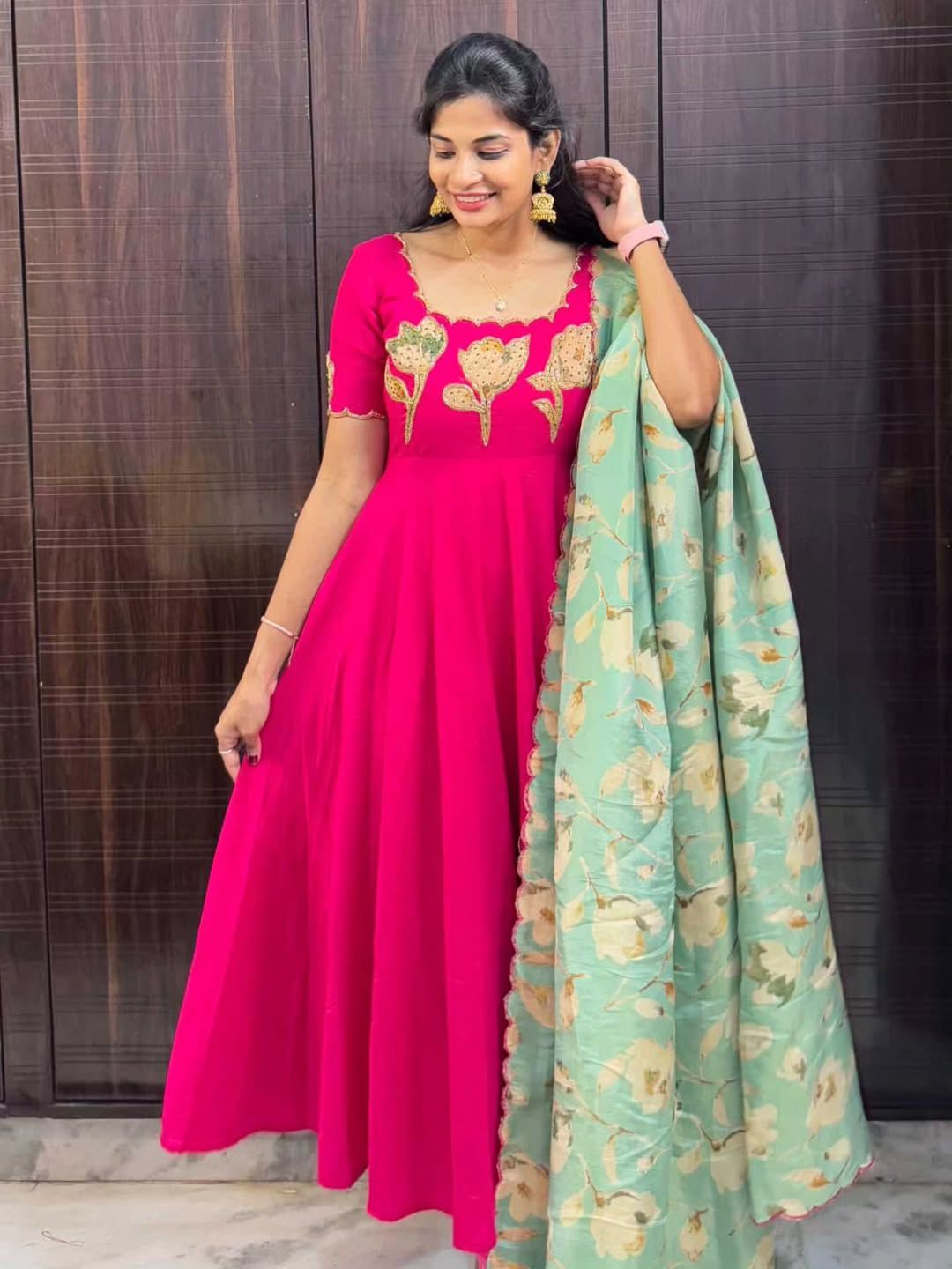 Premium Hand Painted Maggam Work Gown with Dupatta