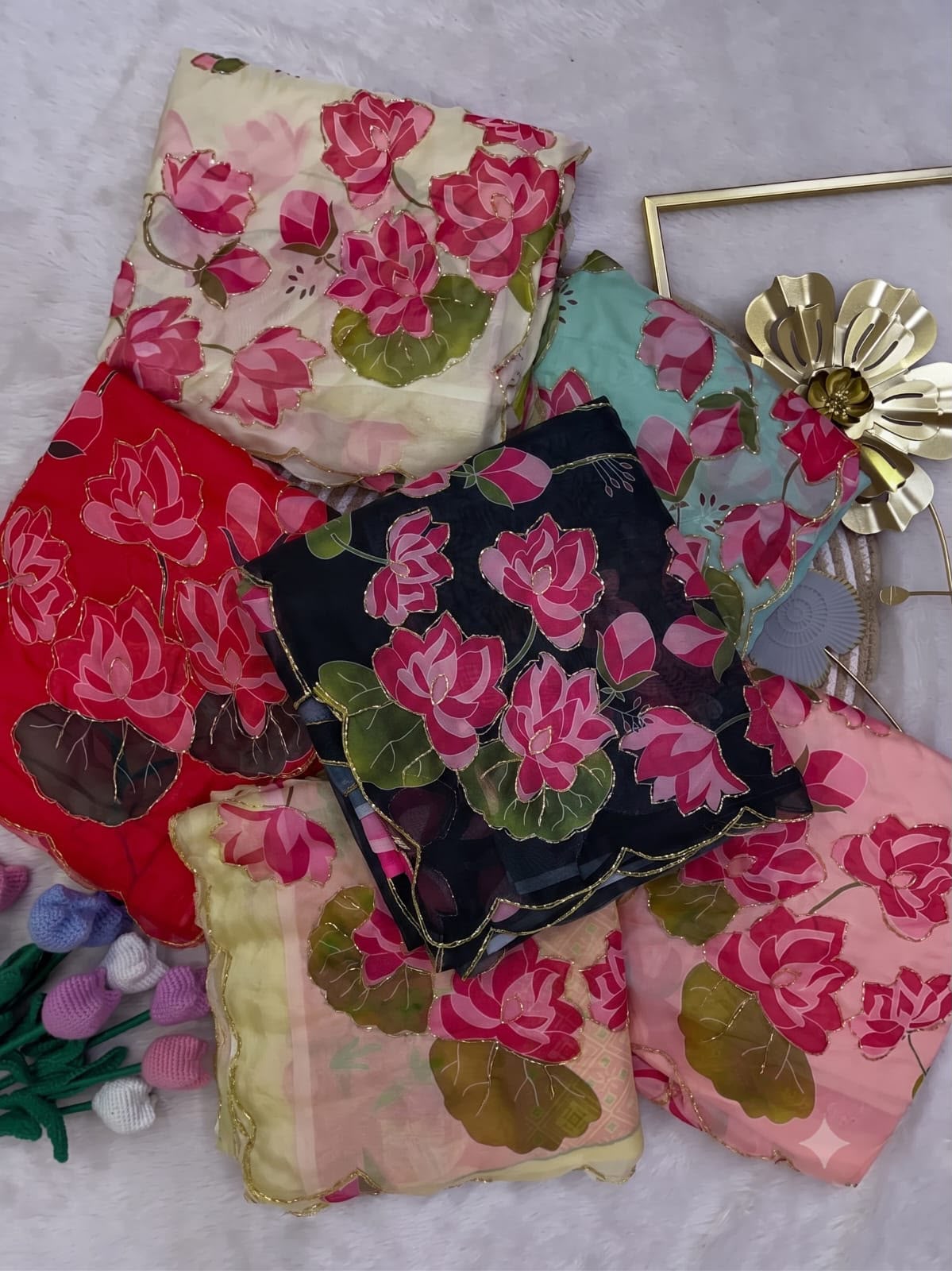 Soft Tebby Silk with Digital Floral Design with Beautiful Katdana Handwork