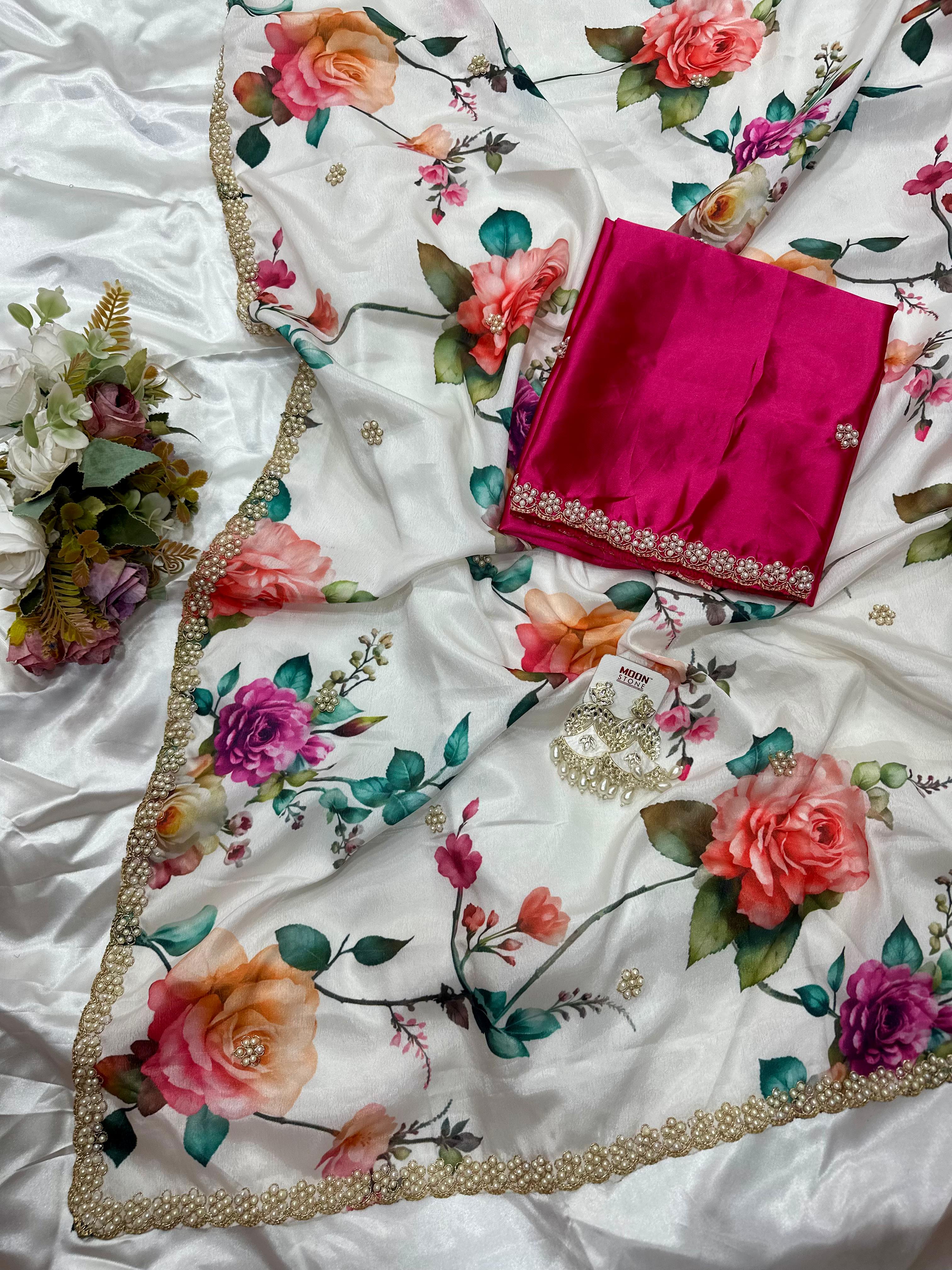 Chinnon Saree with Floral Designs & Moti Work