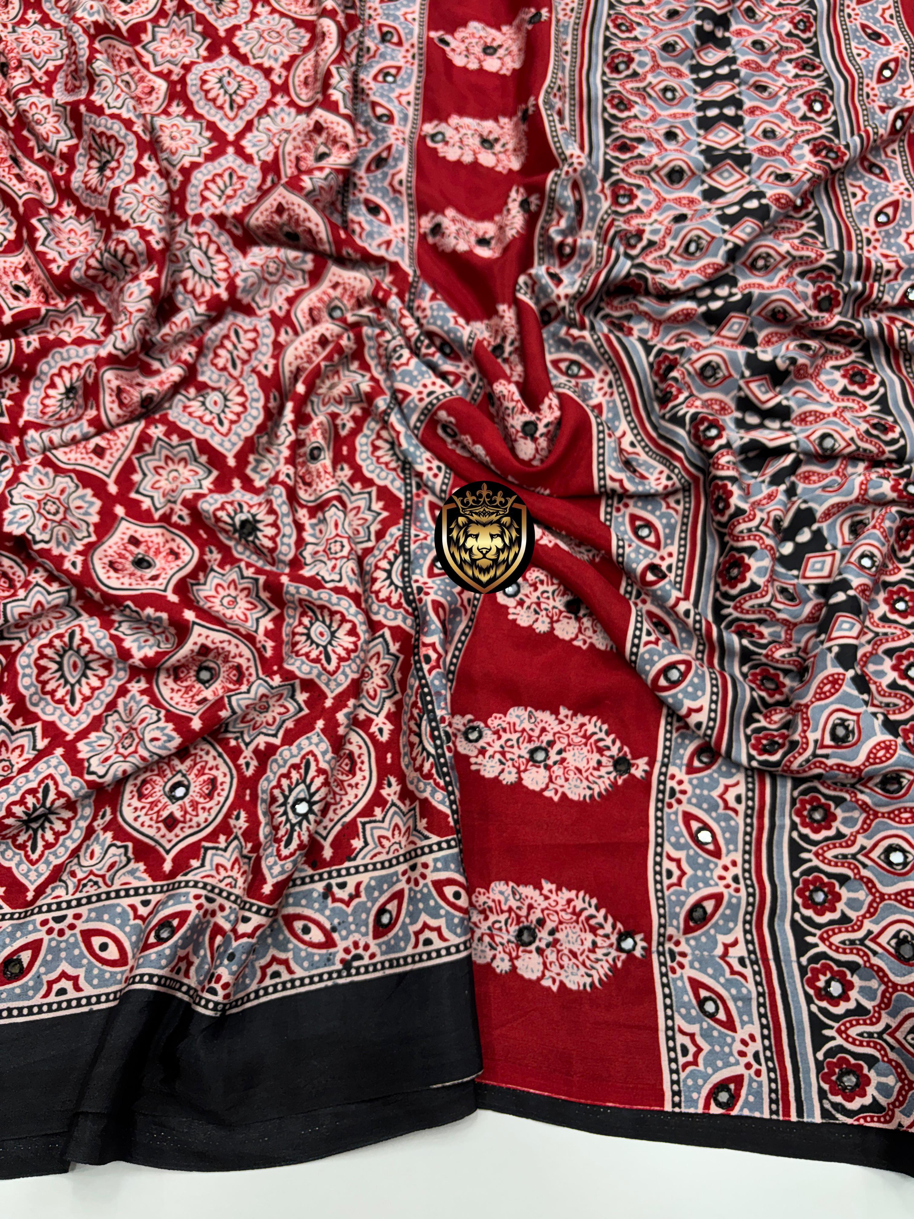 Beautiful Ajrakh Saree with Real mirror work