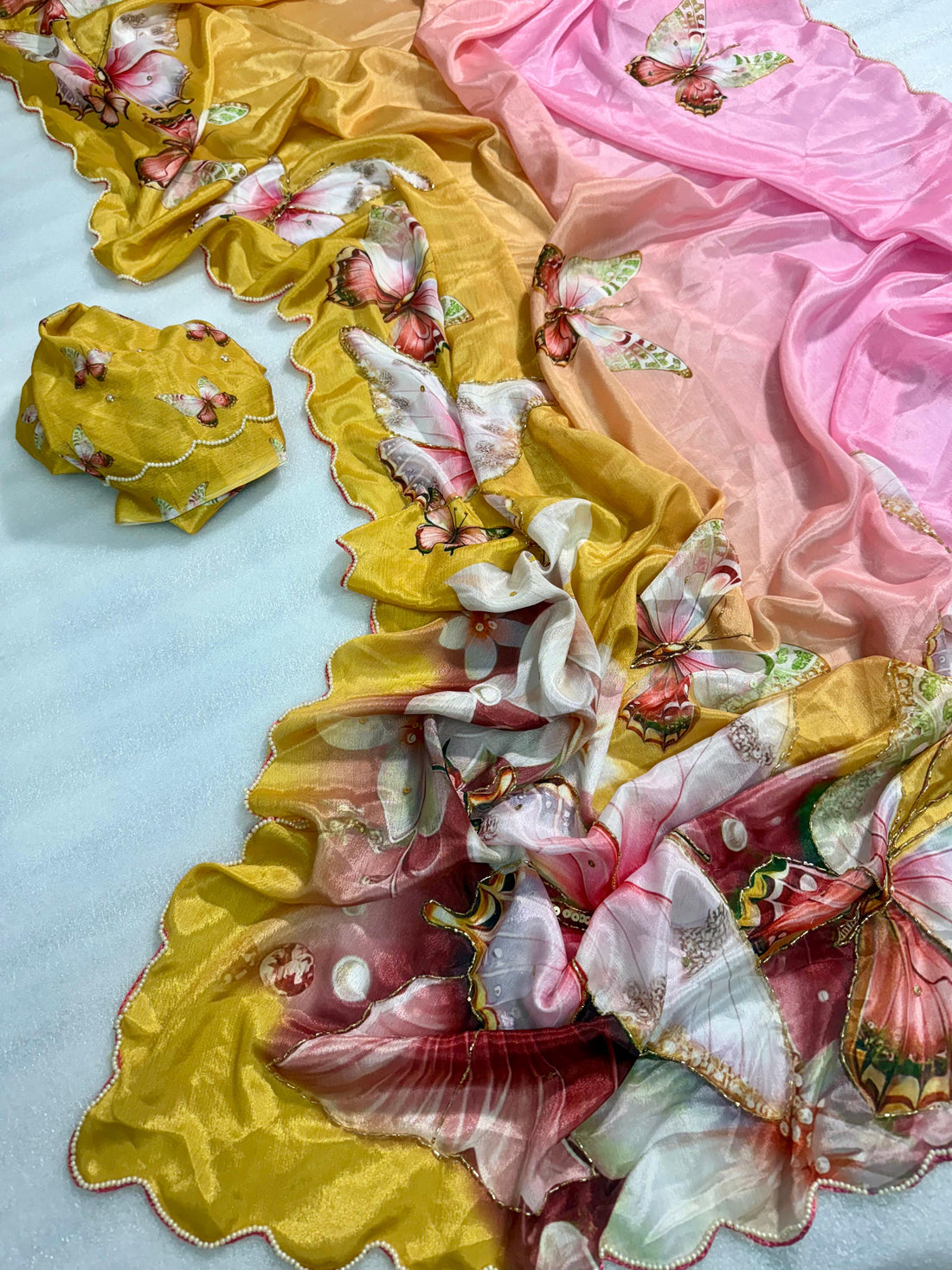 Pure Malai Silk Saree with Beautiful Digital Prints Butterfly & Flower with Hand Cutdana Work