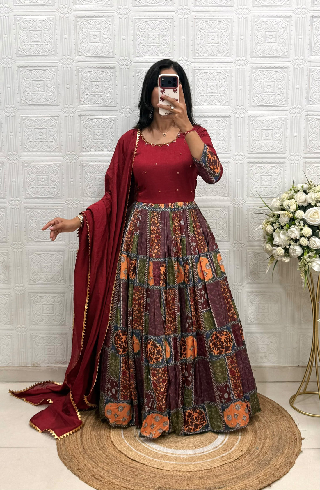 Vichitra Silk and Muslin Gown with Handwork & Duppata with Lace Border