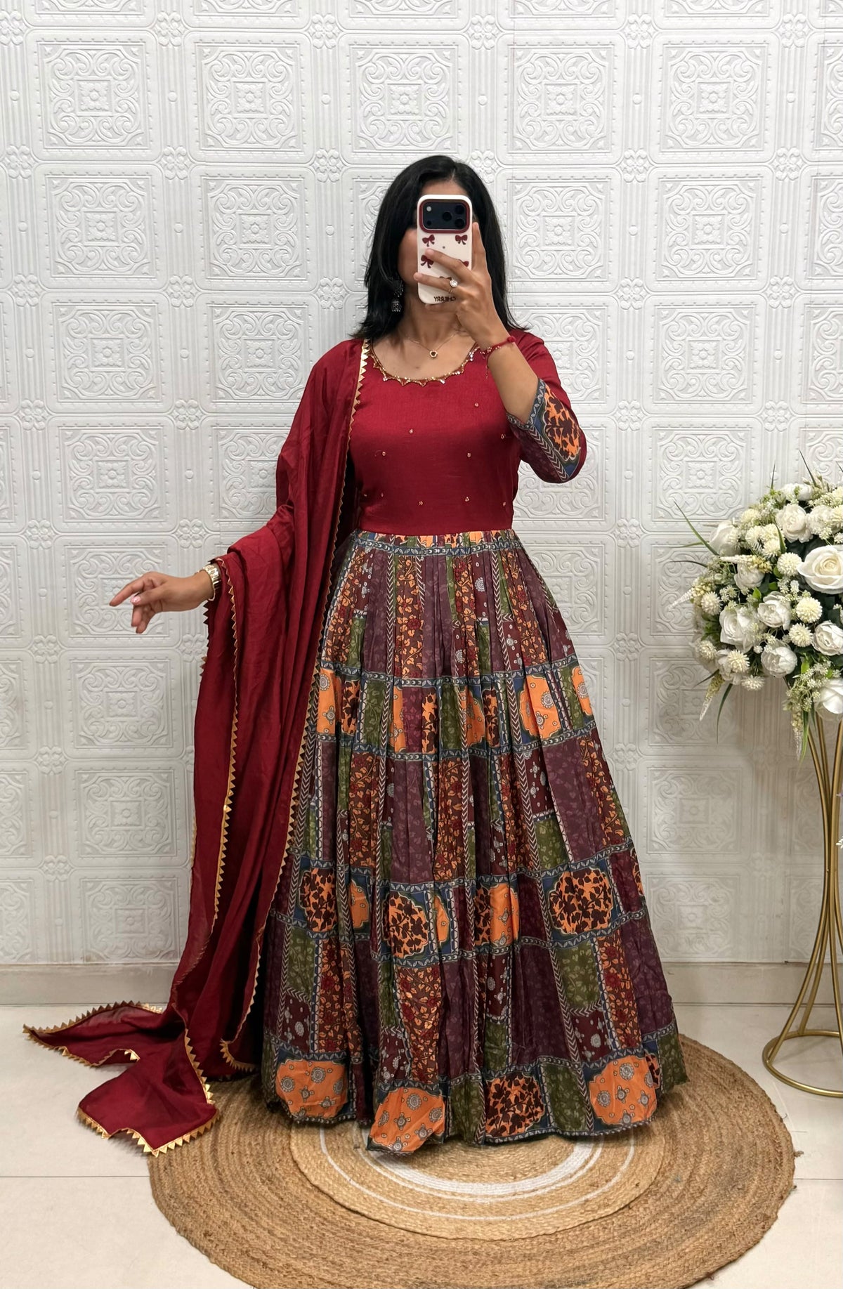 Vichitra Silk and Muslin Gown with Handwork & Duppata with Lace Border