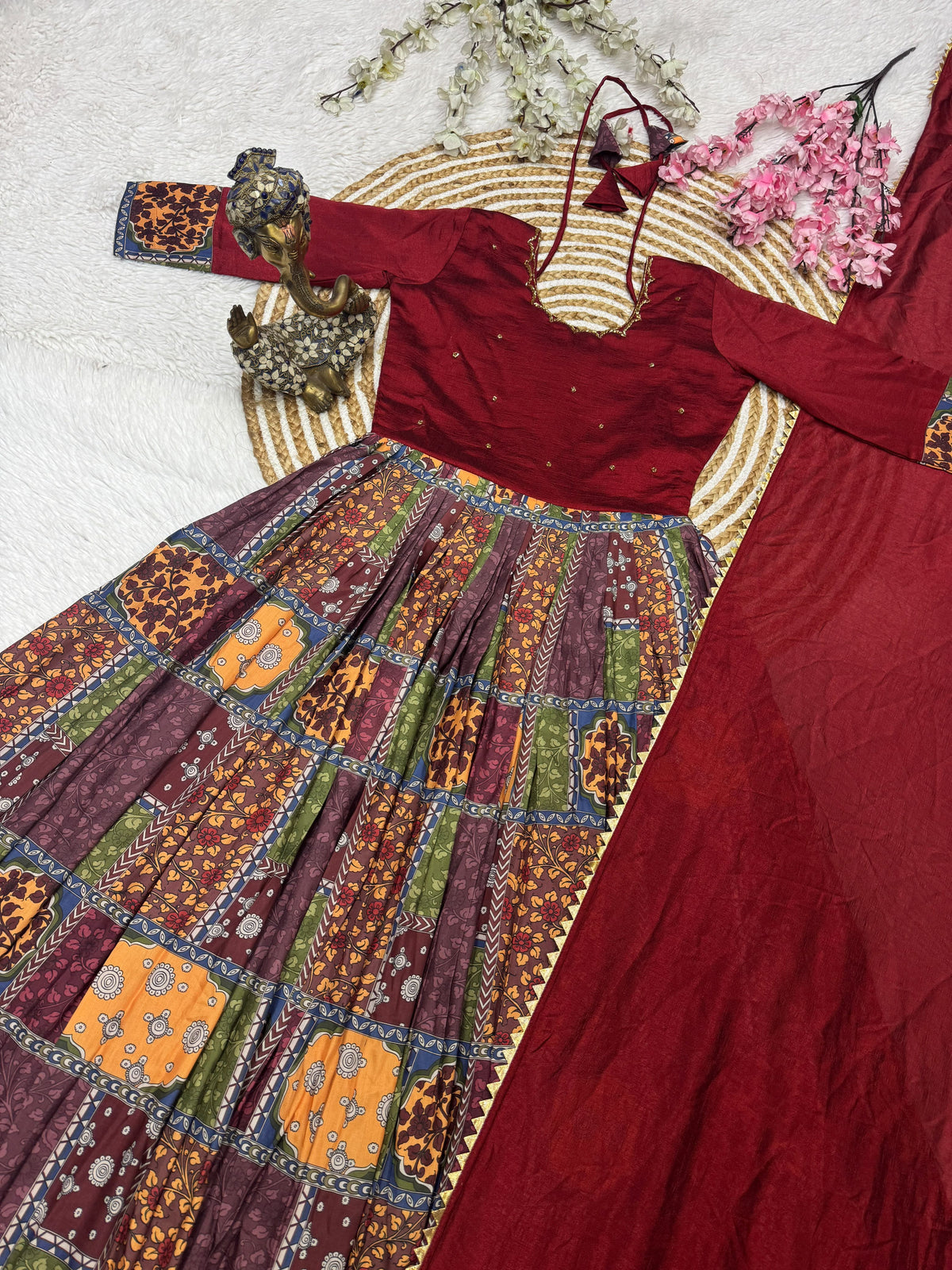 Vichitra Silk and Muslin Gown with Handwork & Duppata with Lace Border