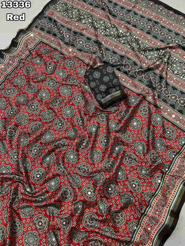Soft & Smooth Silk Crape Ajrakh Design Digital Print With Original Mirror Work & Zari Weaving Borde