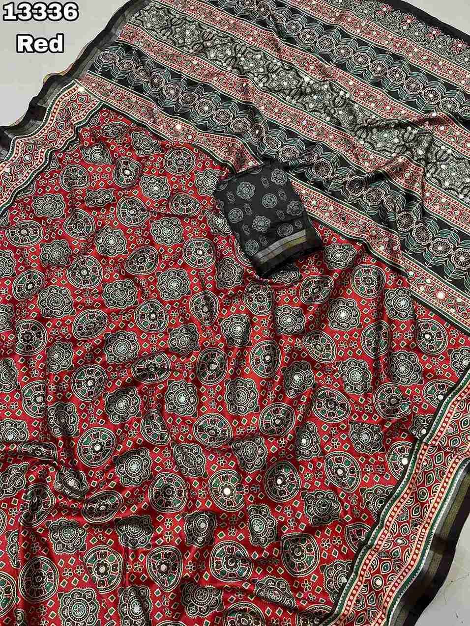 Soft & Smooth Silk Crape Ajrakh Design Digital Print With Original Mirror Work & Zari Weaving Borde
