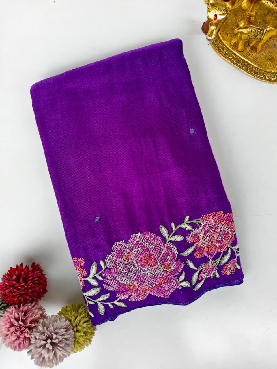 Pure Soft Dola Sarees with beautiful cross stitch & Aari Mirror Work
